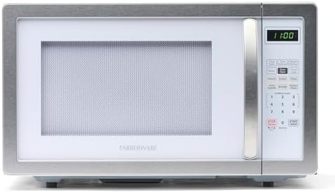 Farberware 1.1 Cu. Ft. Countertop Microwave Oven – 1000 Watts Power, Auto Cook Settings, Defrost, Easy Clean and Child Safety Lock - White Platinum
