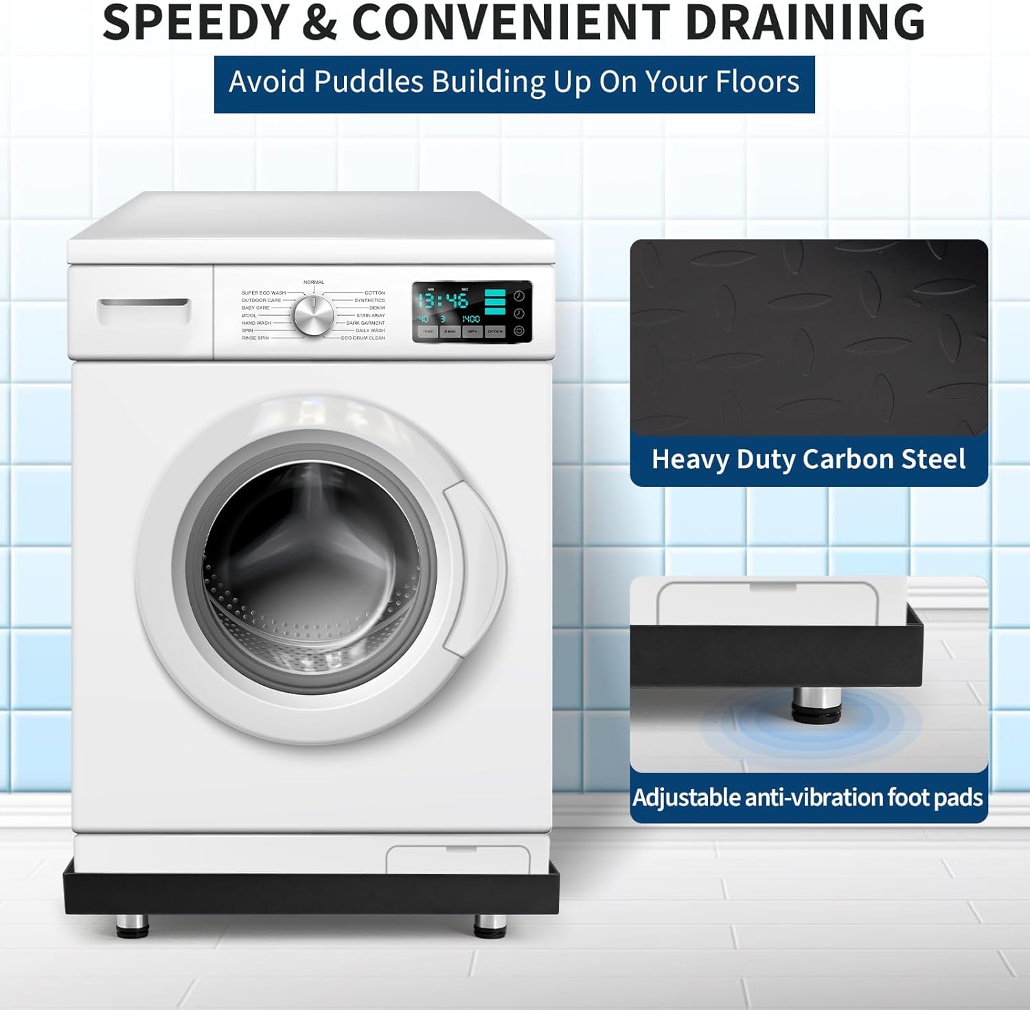 24x24 Inch Washing Machine Pan, Heavy-Duty Carbon Steel Rust-Proof Leak Protection Tray with 4 Anti-Vibration Feet, Floor Damage Prevention, Washer Drip Tray (without Drain Hole)