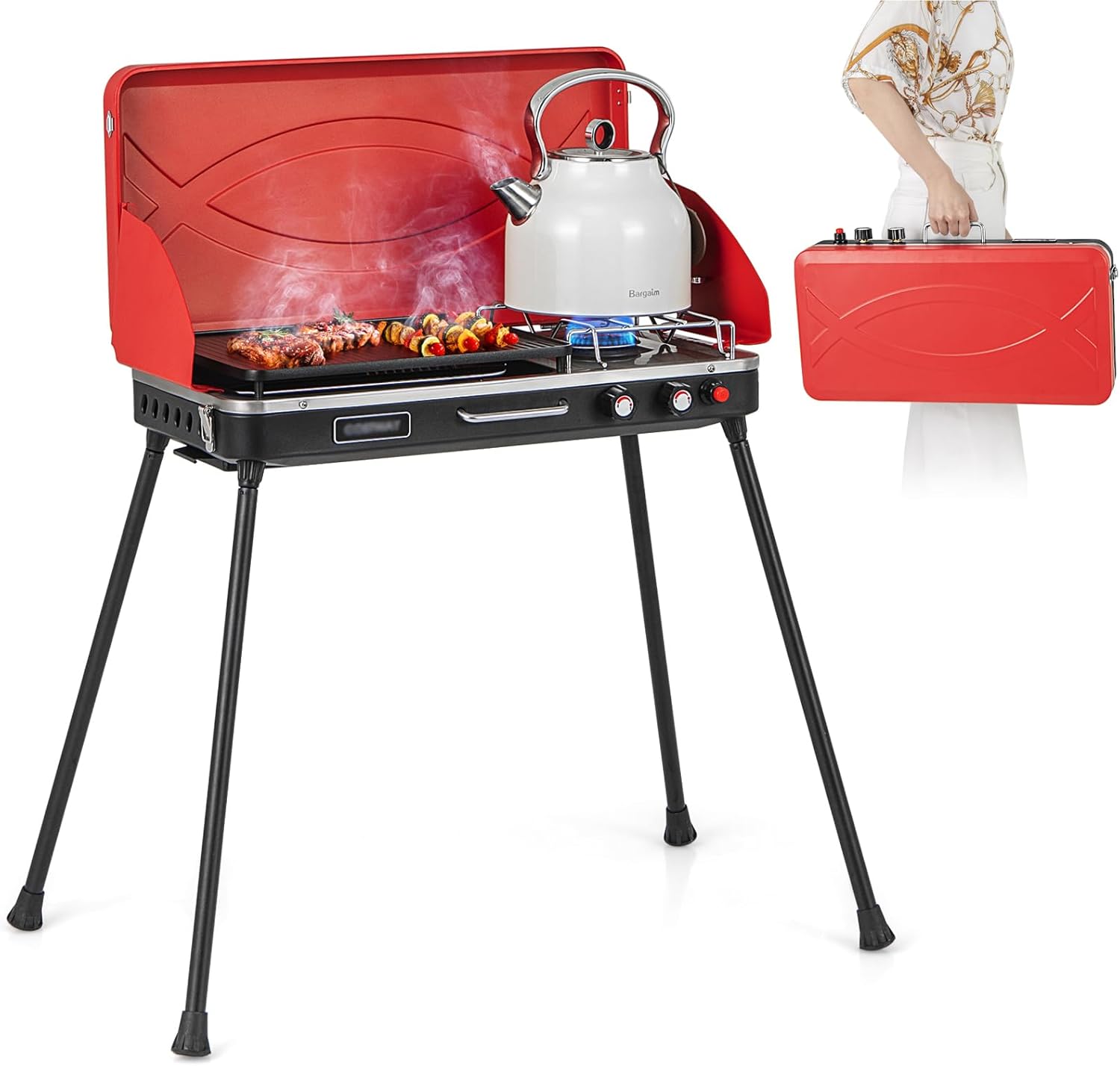 HAPPYGRILL Portable Camping Stove, 2-Burner Propane Grill Cooker with Removable Leg Stand, Roast Grill, Dual Control Knobs, Wind Guards, Outdoor Gas Grill for Camping BBQ Picnic, Red
