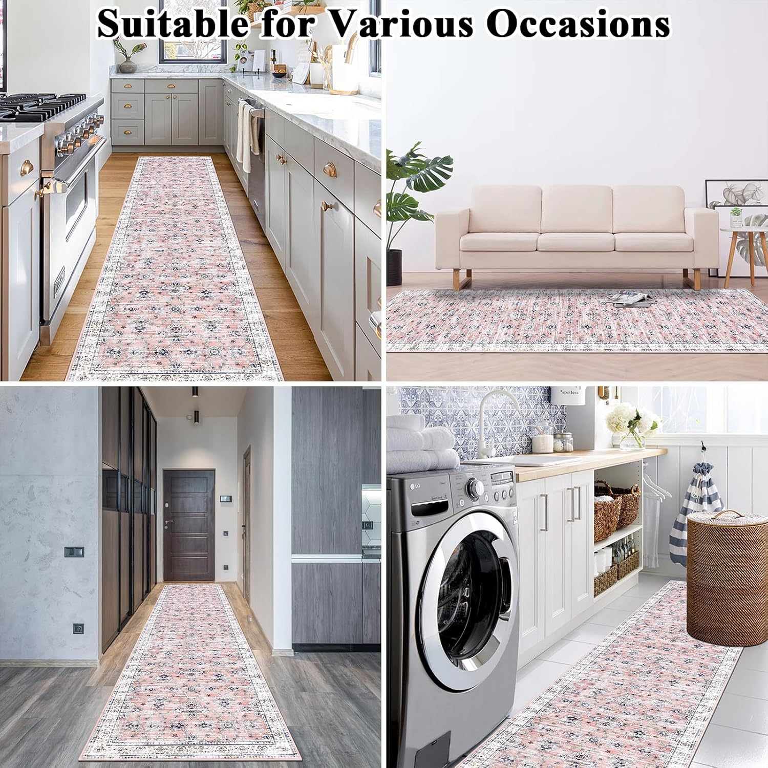 Ileading Vintage Boho Floral Runner Rug 2x8 Non Slip Kitchen Floor Mat Machine Washable Hallway Carpet Non-Shedding Soft Faux Wool Throw Rug for Entryway Laundry Bedroom Livingroom(Pink)