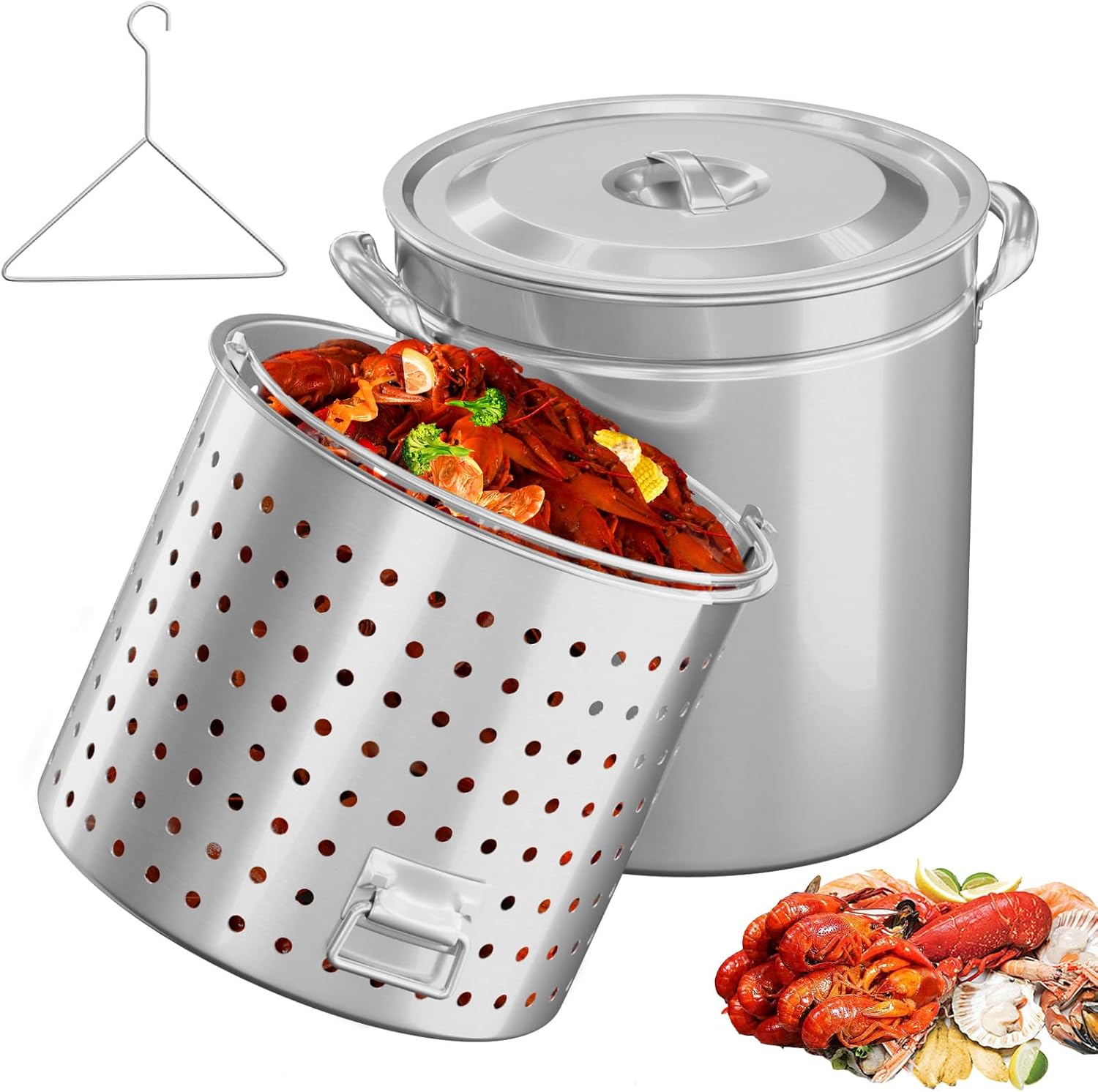 Bonnlo 82QT Stainless Steel Stock Pot for Boiling Seafood, Crawfish lobster & Crab, Frying Turkey & Steaming Tamales, Large Boil Pot with Steamer Basket, Lid, Lifting Hook for Outdoor Cooking Party