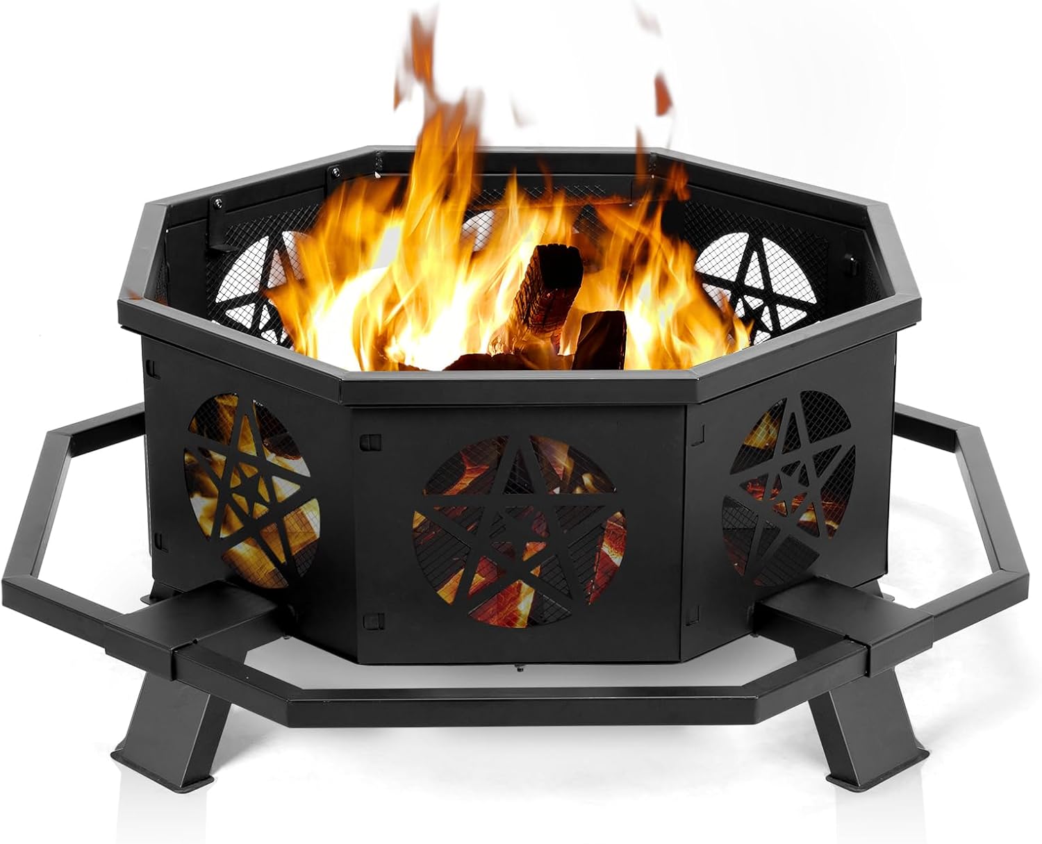 43-Inch Outdoor Fire Pit - Octagonal Steel Fire Pit Bowl with Star Cutouts, Ventilated Design, Foot Pedals & Easy Assembly for Patio, Yard & Garden