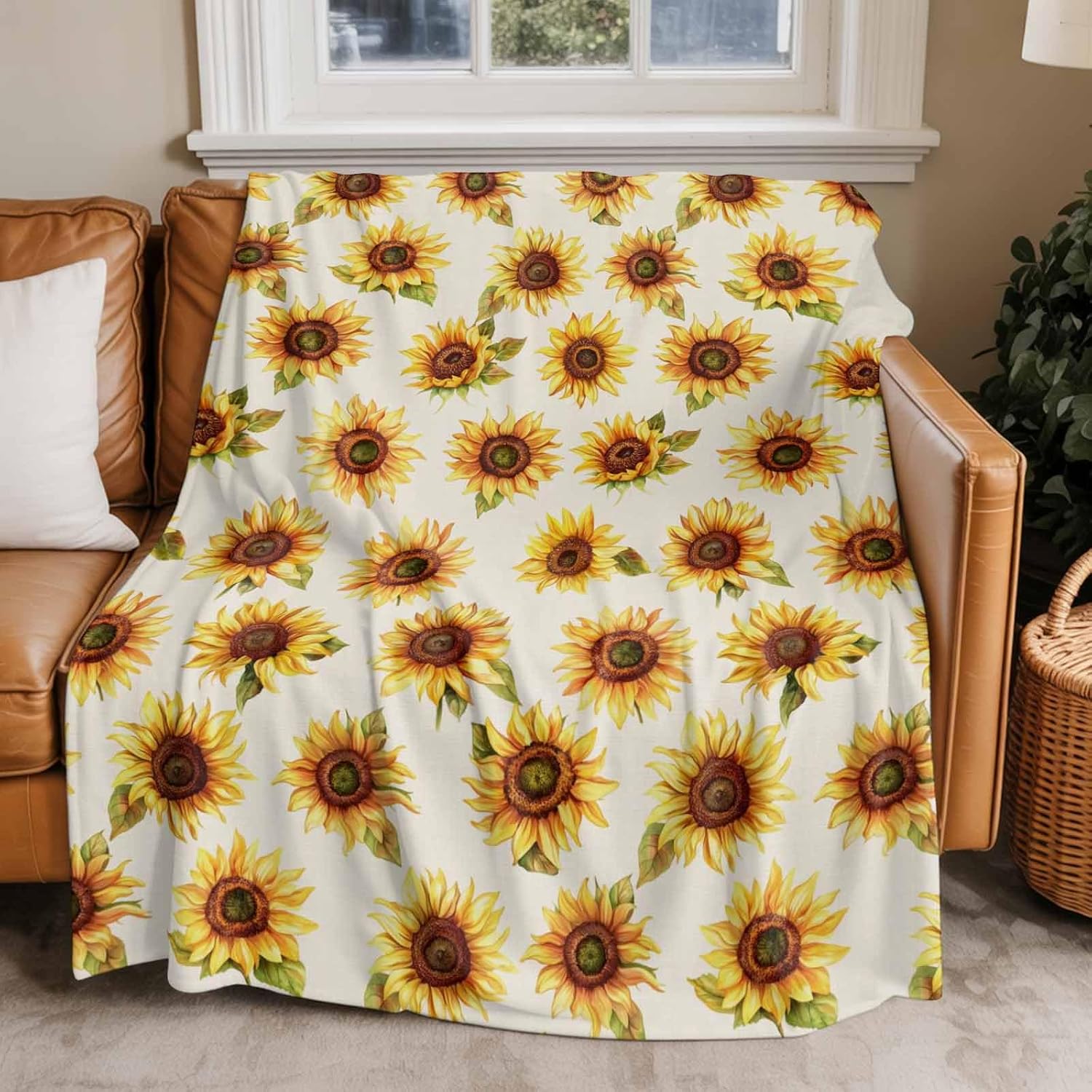 Beige Sunflowers Fall Flannel Fleece Throw Blanket, Thanksgiving Botanical Floral Microfiber Soft Fleece Blankets for All Season, Decorative Cozy Fluffy Plush for Household, Office, 30