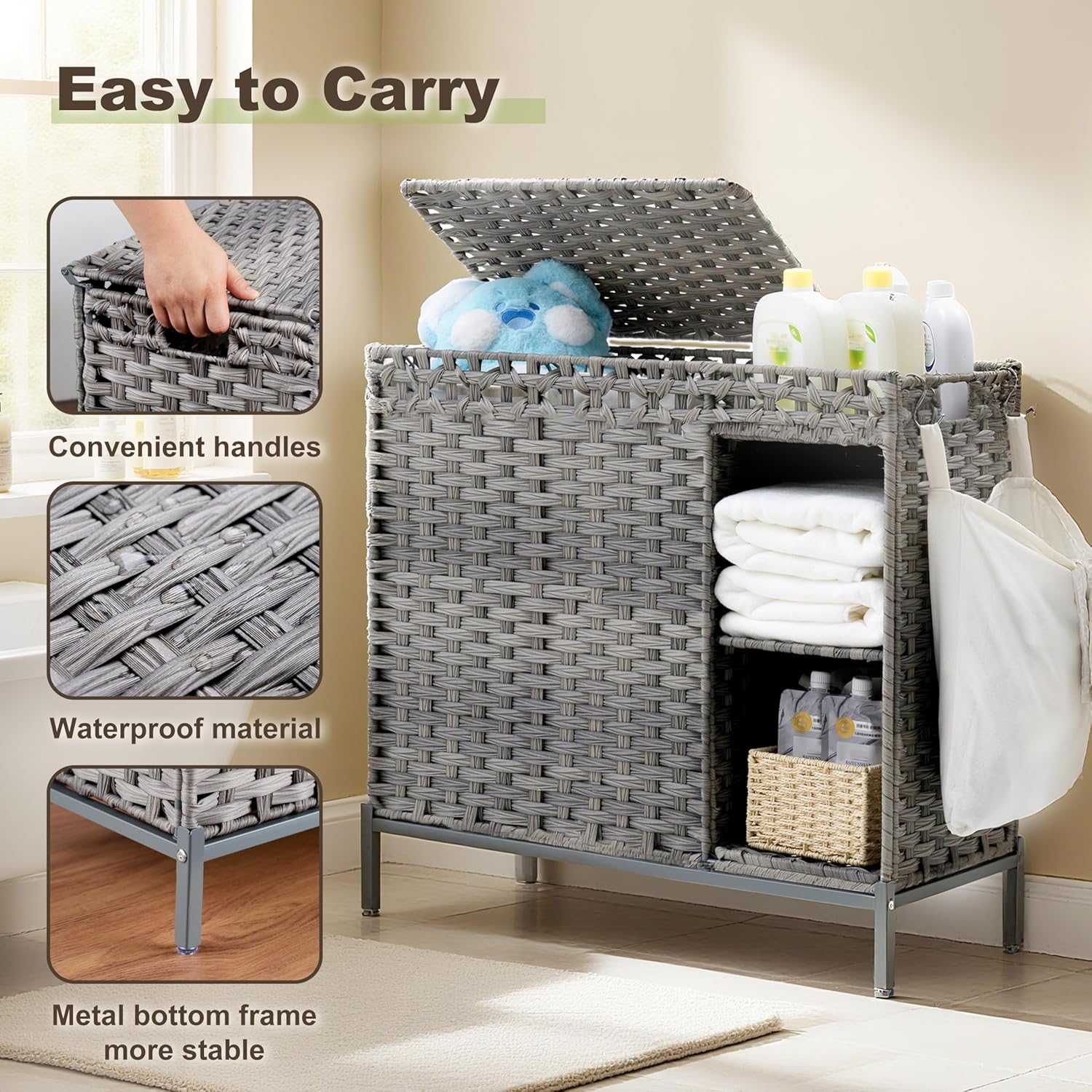 Laundry Hamper with Lid, 110L (29.1 Gal) Rattan Laundry Hamper 2 Section with 50L (13.2 Gal) Storage Shelf, Wicker Woven Laundry Sorter Basket with 3 Liner Bags and Handles, Gray GLH002G