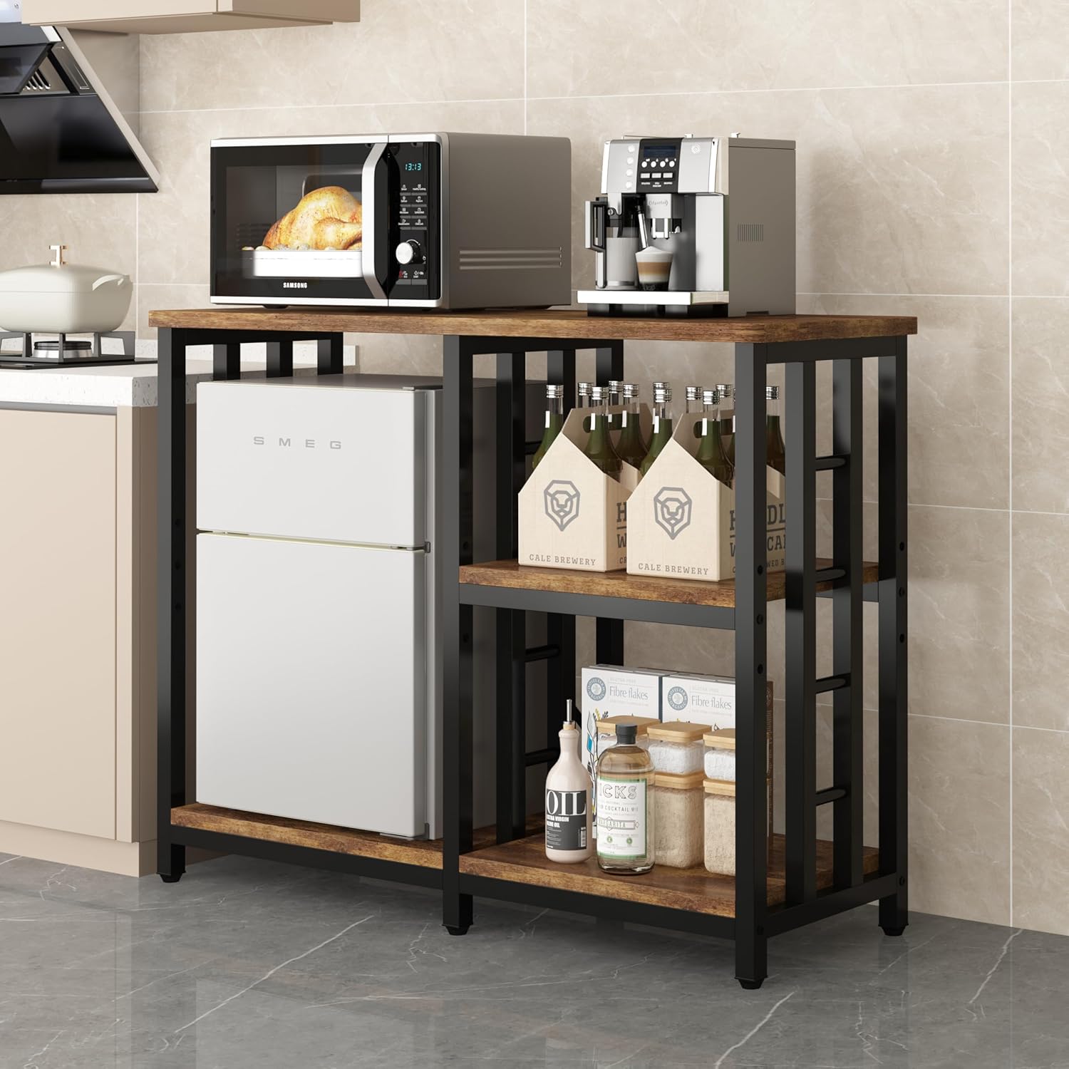 4-Tier Kitchen Baker's Rack, Mini Fridge & Microwave Oven Stand Table, 5 Tiers Coffee Bar Table, 20-29-37 Gallon Fish Tank Stand, Kitchen Organizer Shelf for Spices/Utensils Foods（Rustic Brown）