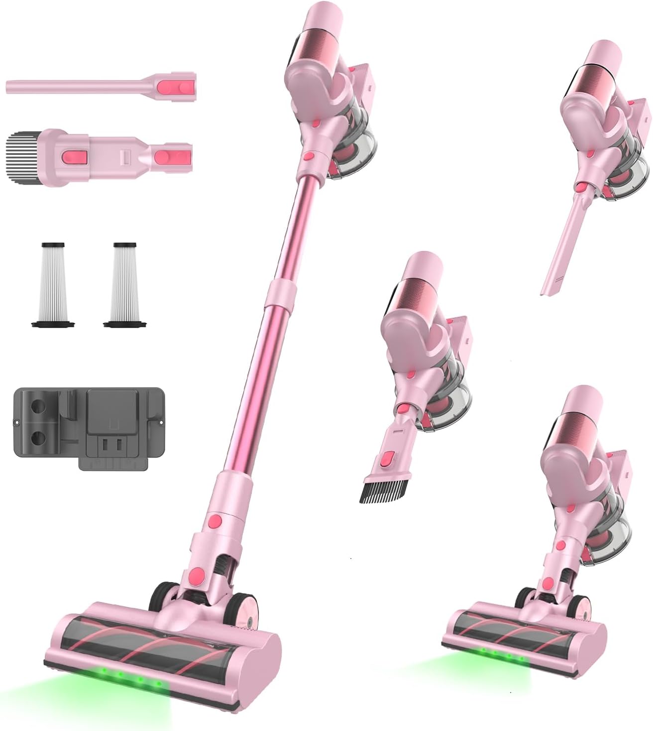 Pink Cordless Vacuum Cleaner, 550W 45KPA Turbo Suction, 60 Mins Runtime, Self-Standing with LED Display, Anti-Tangle Brush, Stick Vacuum Cleaner for Home Hardwood Floor, Carpet, Pet Hair