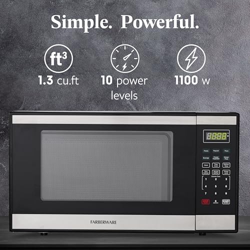 Farberware 1.3 Cu. Ft. Countertop Microwave Oven – 1000 Watts Power, Auto Cook Settings, Defrost, Easy Clean and Child Safety Lock - Stainless