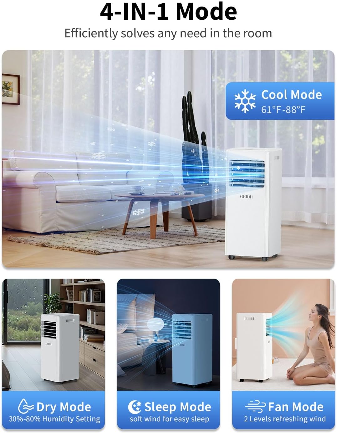 Portable Air Conditioners, 8,000 BTU AC Unit for Bedroom with 4 Modes Cooling/Dehumidifier/Fan/Sleep, Up to 300 sq.ft, 45db Quiet, 24H Timer & Remote, Portable AC Unit for Room Indoors