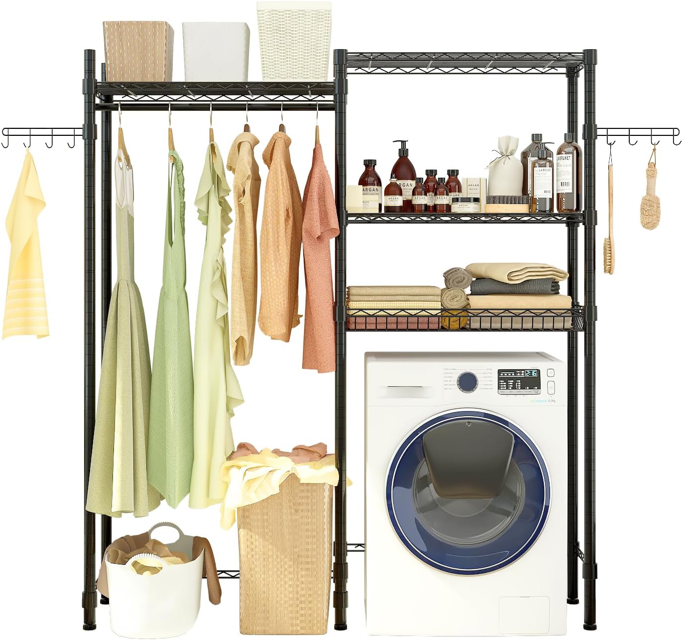 Washer and Dryer Storage Shelf,Clothes Drying Rack, Over Washer and Dryer Laundry Room Bathroom Towel Storage Shelf, Space Saver with Adjustable Shelves, Wire Basket, and Rotatable Hooks,Black