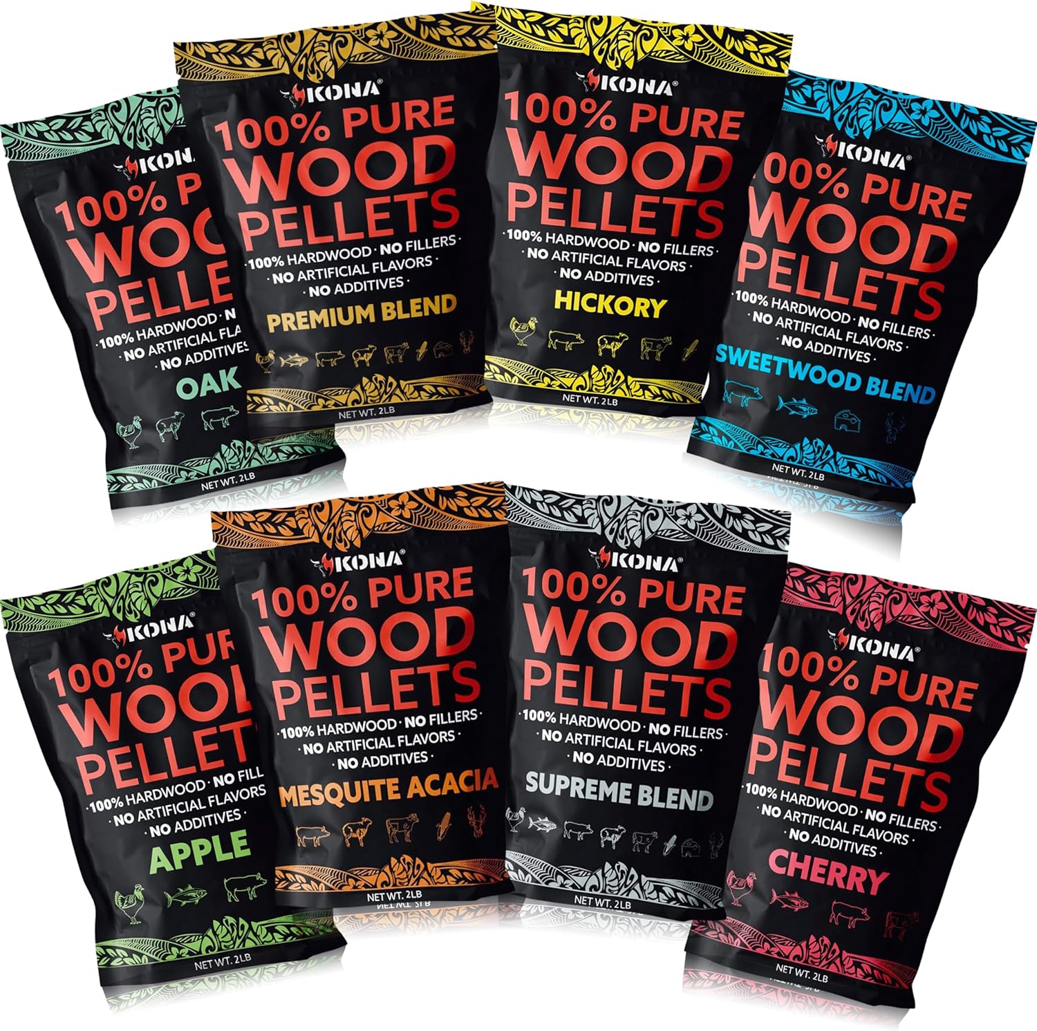 (8 Pack) 2 lb Smoker Pellet Variety Pack - Mega Pack of Wood BBQ Pellets, Hickory, Oak, Premium Blend, Sweetwood Blend, Apple, Cherry, Mesquite, Supreme Blend - Intended for Ninja Woodfire Grill
