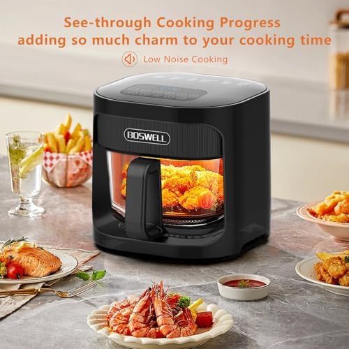 BOSWELL Glass Air Fryer, 4.5QT Transparent Fry Bowl, Circulating Heating, Non Toxic, Large Capacity Air Fryer Roast, Temperature Control Dishwasher Safe (Black)