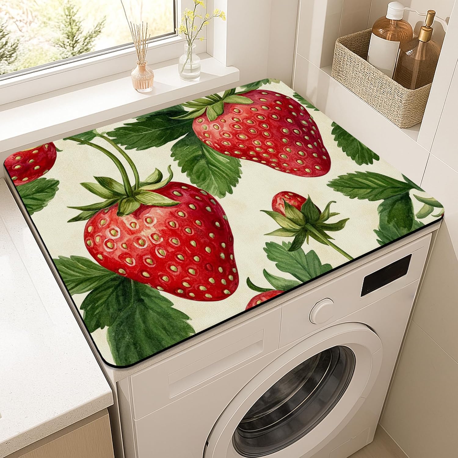 Strawberry Washer Dryer Top Protector Mat, Vintage Botanical Laundry Machine Dust Covers, Summer Rubber Anti-slip Waterproof Washer And Dryer Mats for Laundry Room 20x24 Inch