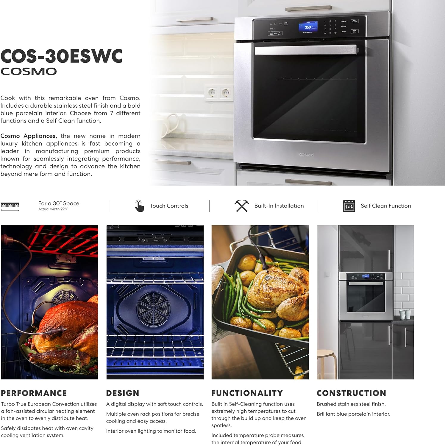 COSMO COS-30ESWC 30 in. Haven Collection 5 cu. ft. Electric Wall Oven with True European Convection and Self Cleaning in Stainless Steel