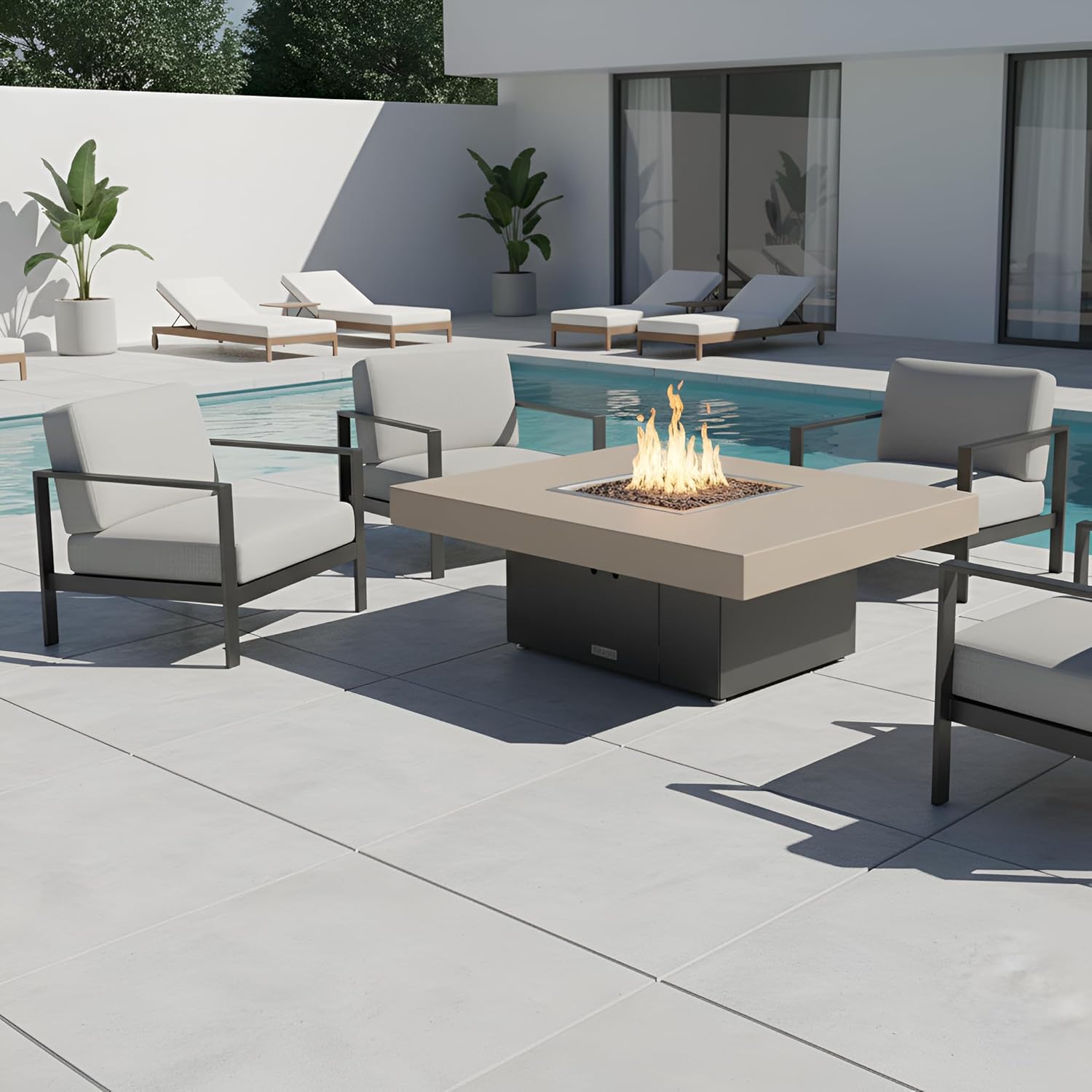 COOKE Santa Barbara 48 x 36 Rectangular Fire Pit Table - Beige Powdercoat Aluminum Top - Natural Gas (Grey Powdercoat Base)