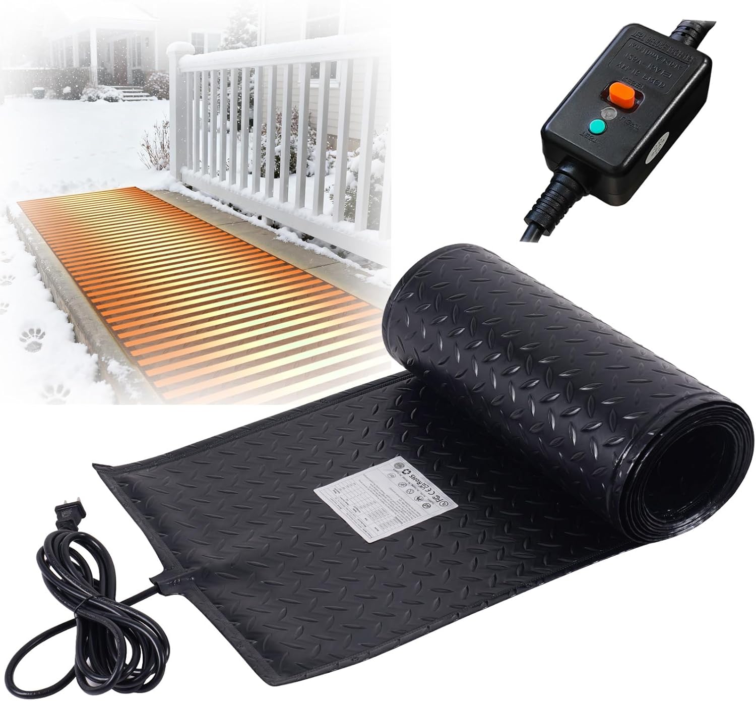 Heated Snow Melting Mats Outdoor, Anti-Slip Leakage Protection Heated Mat for Walkways Roof, 3 in/h Melting Snow and Ice 15inch x 8Ft 120V