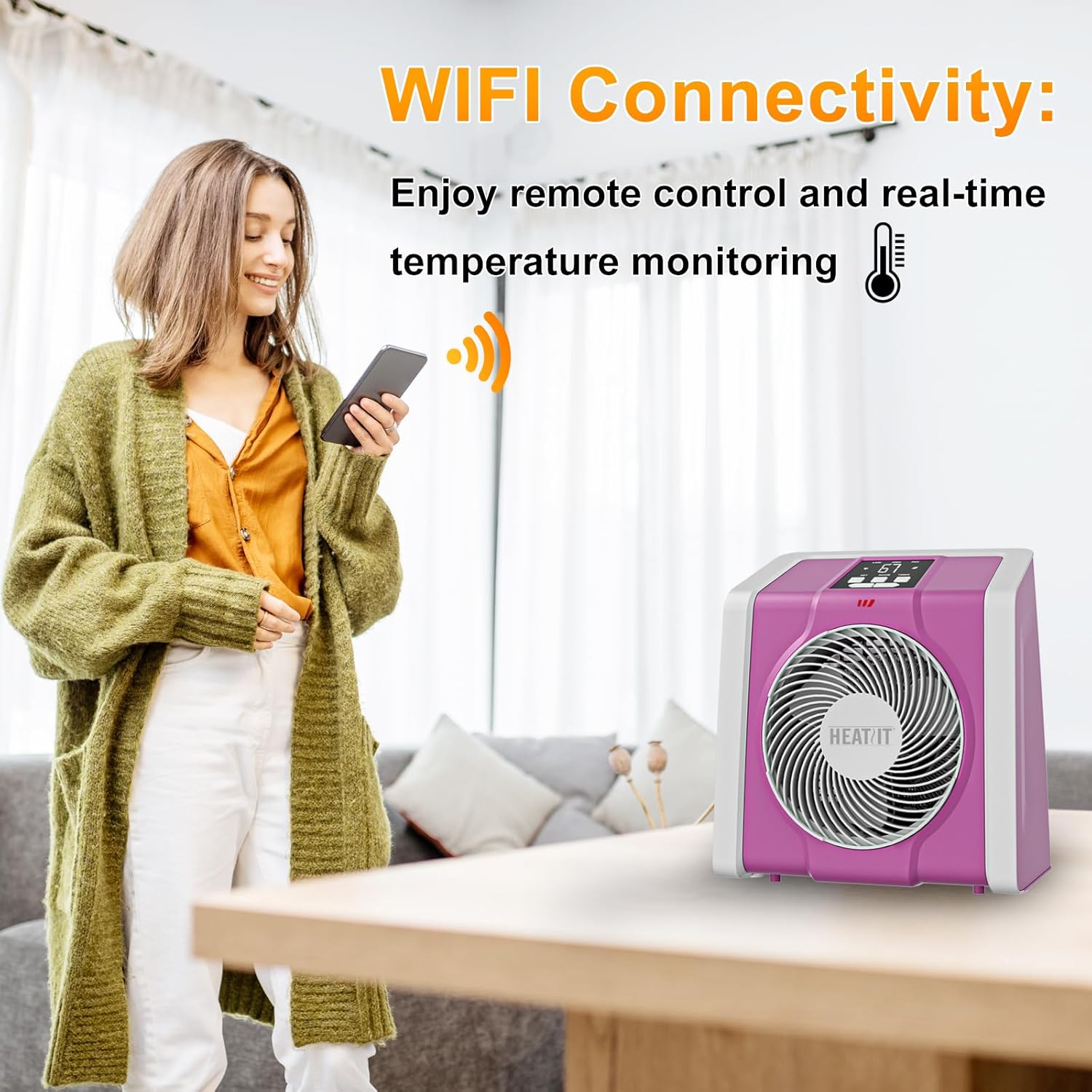 HEATIT Space Heater with Remote for Indoor, Digital Display with Thermostat,Containing Plasma & Ozone, 1-12H Timer, 1500W/750W,Electric Space Heater for Office, Bedroom,Pink,10.6