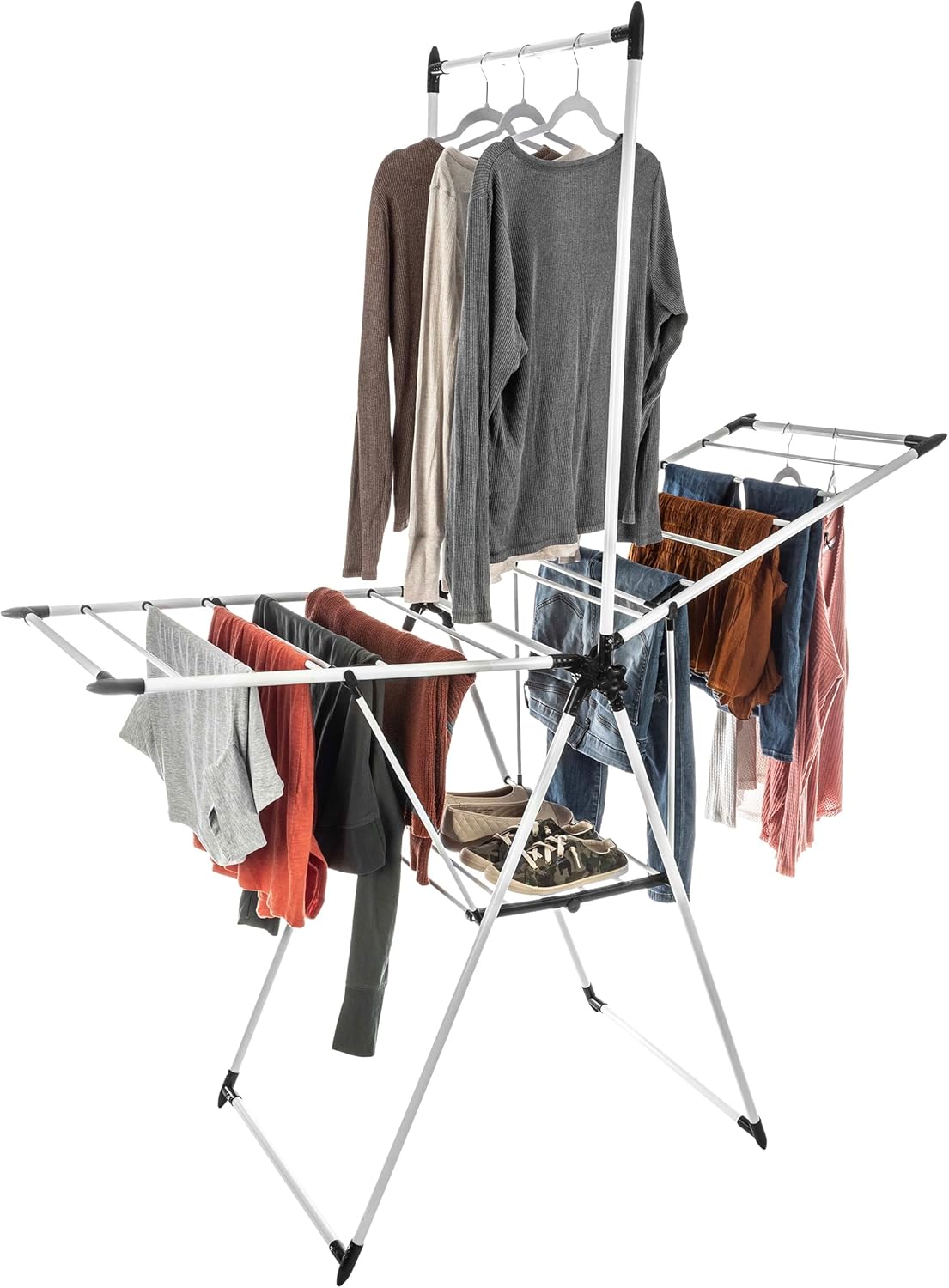 Clothes Drying Rack - 2-Level Laundry Drying Rack with 24 Drying Rails, Hanging Bar, and 2 Height-Adjustable Wings - Indoor/Outdoor Foldable Drying Rack by Home-Complete (White)