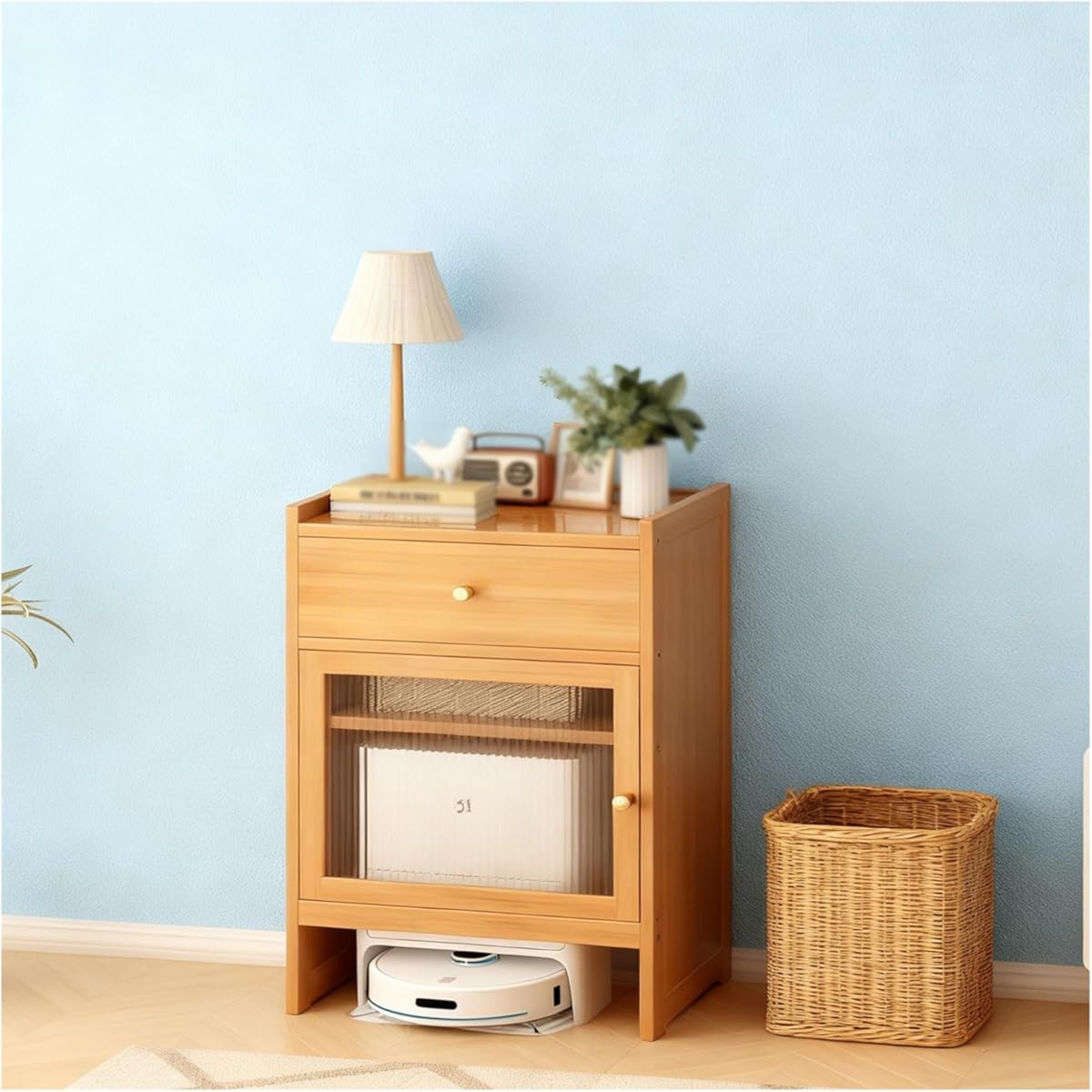 Vacuum Cleaner Storage Cabinet, Robot Vacuum Storage Side Rack for Living Room, Home, Office, Entrance, Corridor, Save Space(Natural)