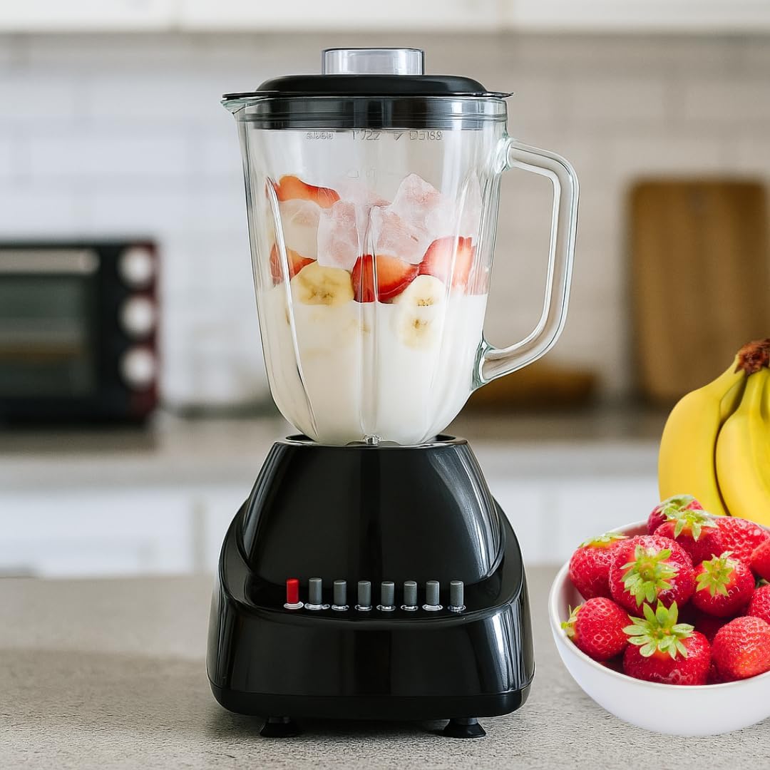 Alpine Cuisine 10-Speed Blender with 50oz Glass Jar, 450W High-Power Kitchen Countertop Mixer for Smoothies, Shakes, Crushing Ice, and Pureeing, Stainless Steel Blades, Pulse Function, Black