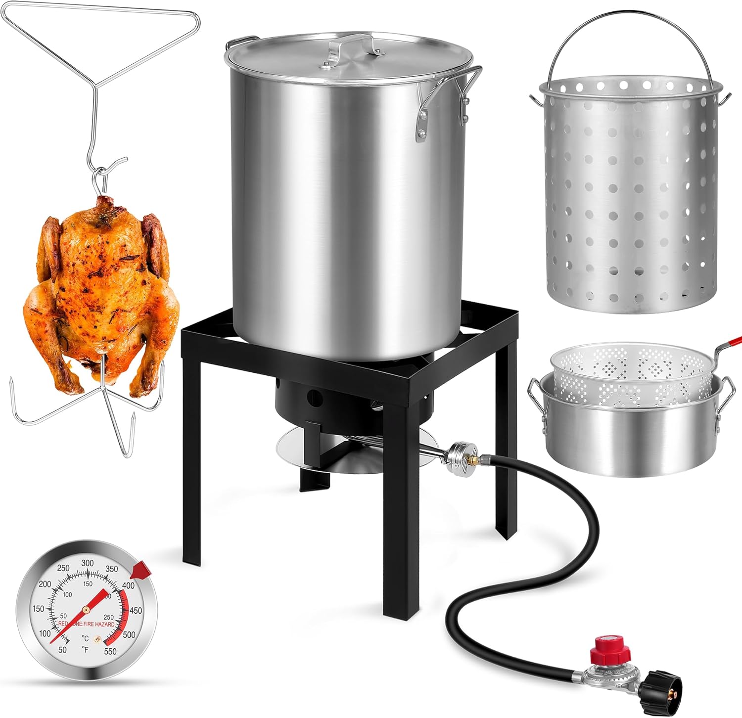 Turkey Fryer with Boiler Steamer Set Basket & 55000BTU Propane Burner, Outdoor Deep Fryer & Seafood Crawfish Boil Pot with Thermometer, Marinade Injector, Turkey Rack & Rack Lifter-OT-3016