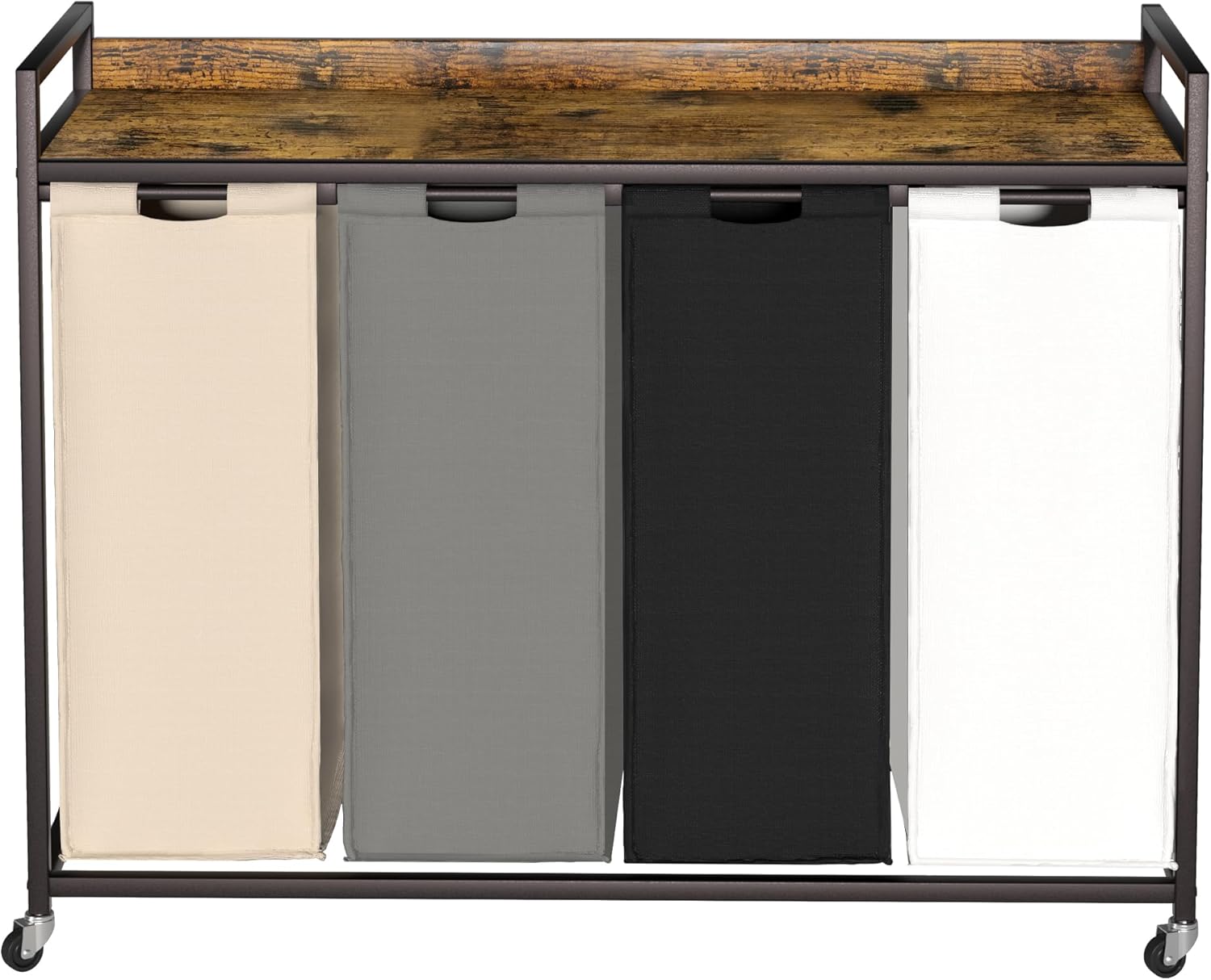 Laundry Hamper with Shelf, Laundry Basket 4 Section, Laundry Sorter with Pull-Out Removable Large 4 Color Bags and Movable Wheels, Metal Frame, 4 x 15.87 Gallons (60L), Rustic Brown PF07XLN