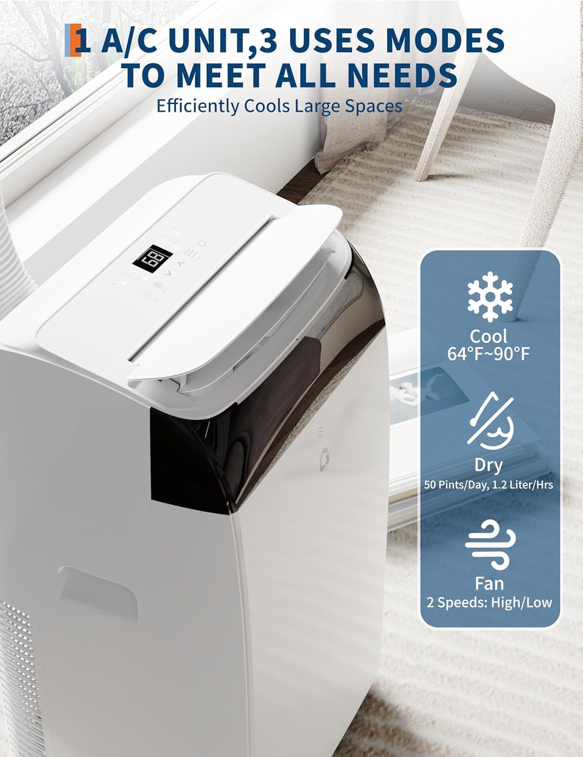 12,000 BTU Portable Air Conditioner - 3-in-1 Mobile AC Unit with Remote Control, Ultra-Quiet 48dB Operation, Covers 550 Sq.Ft, 24/7 Timer, Window Installation Kits for Home/Office/RV Use, White Top