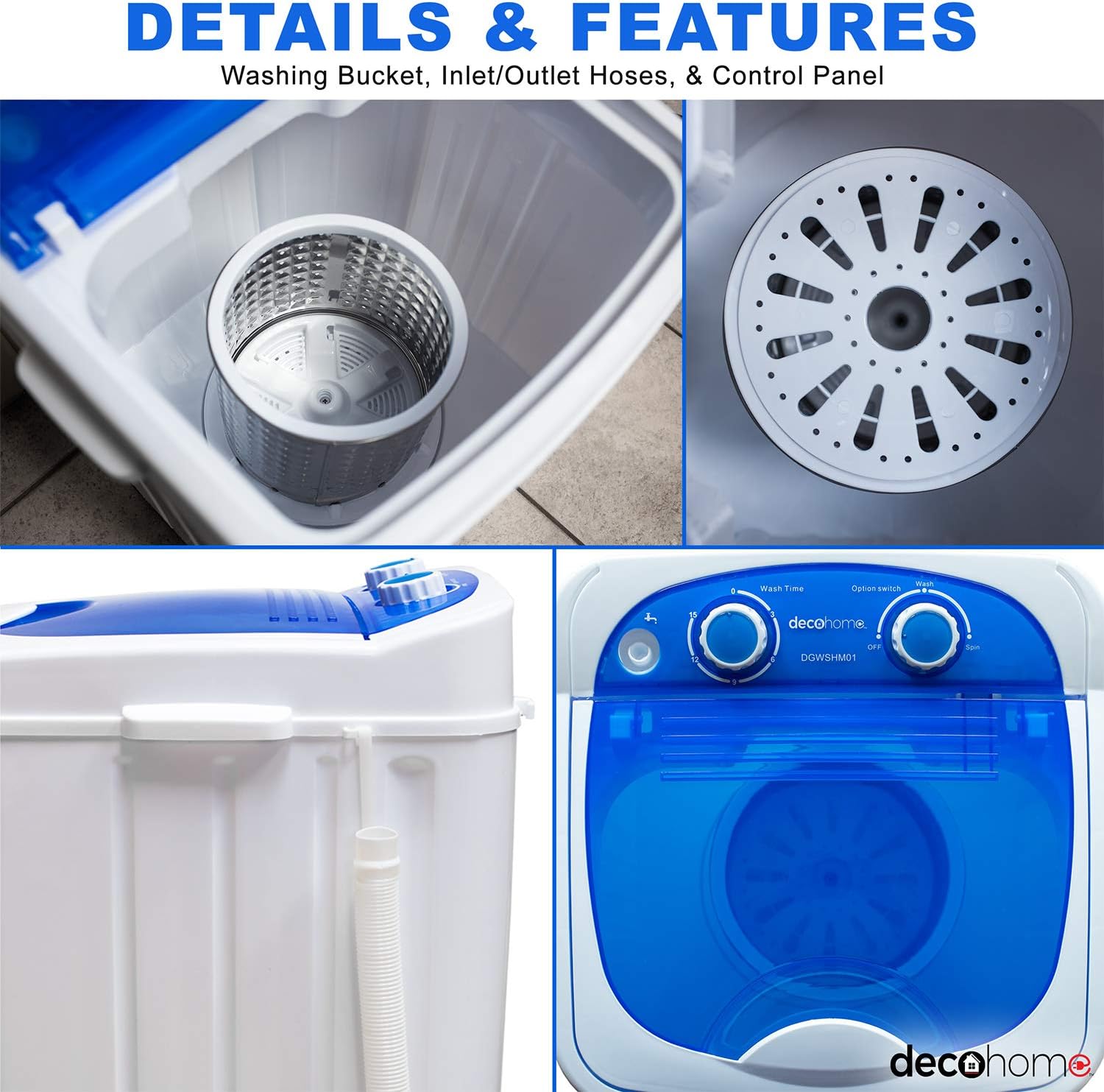 Deco Home Portable Washing Machine for Apartments, Dorms, and Tiny Homes with 8.8 lb Capacity, 250W Power, Wash and Low Agitation Spin Cycle, Includes Drainage Hose, ETL Certified