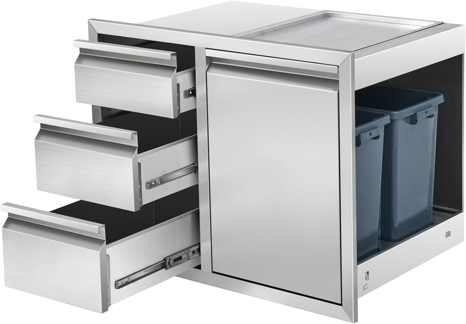 Outdoor Kitchen Drawer Combo Stainless Steel Outdoor Triple Drawers with Trash Bin Compartment & Dual Trash Cans, 28