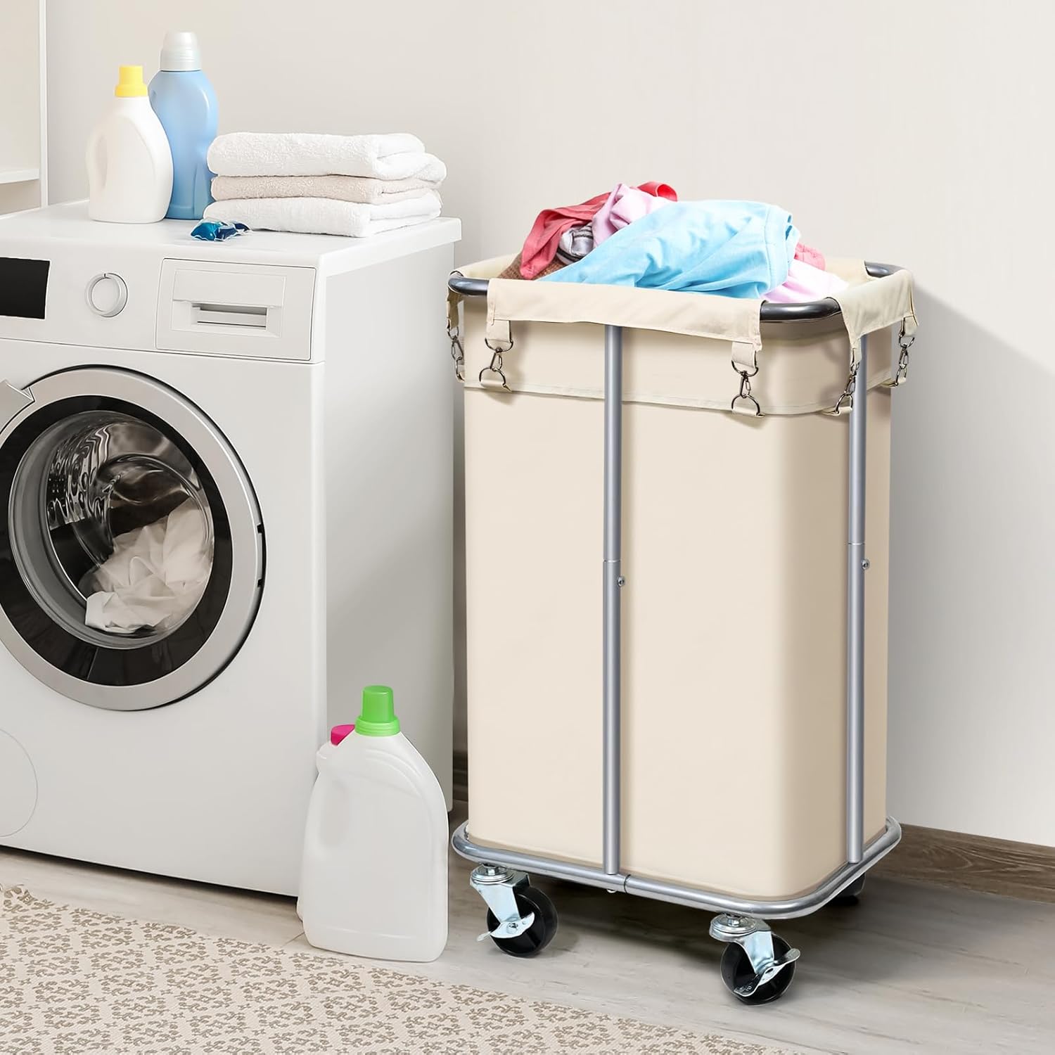 Laundry Basket with Wheels, Rolling Laundry Hamper with Removable Bag, 100L Laundry Sorter Cart, Tall Narrow Slim Clothes Hamper Organizer with Sturdy Metal Frame, Beige