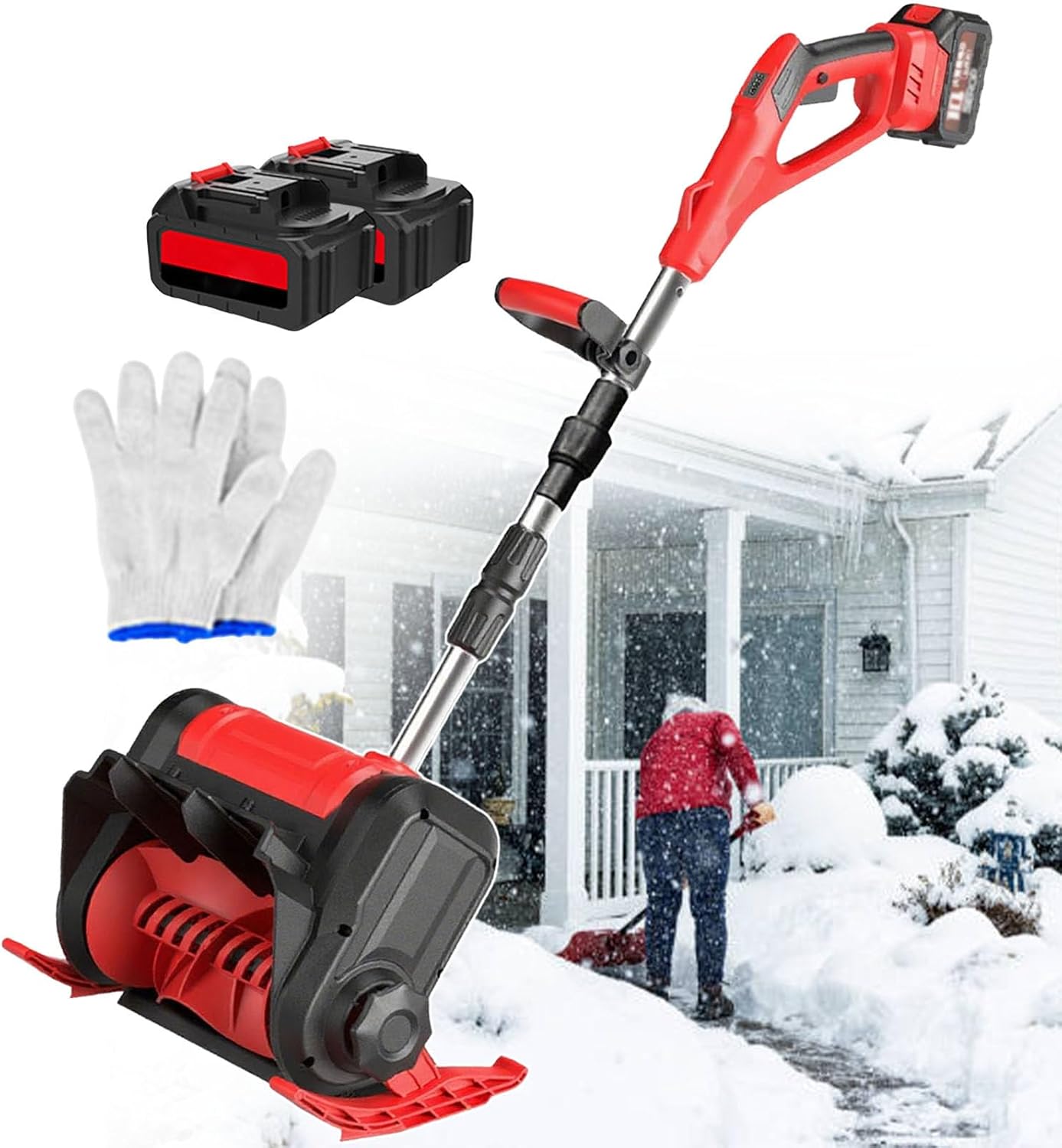 Cordless Snow Shovel,21V Battery Powered Electric Cordless Snow Blower,45° Adjustable Direction,30 cm Clearing Width,Foldable Snow Thrower for Patios,Walkways,Playground Red-2batteries