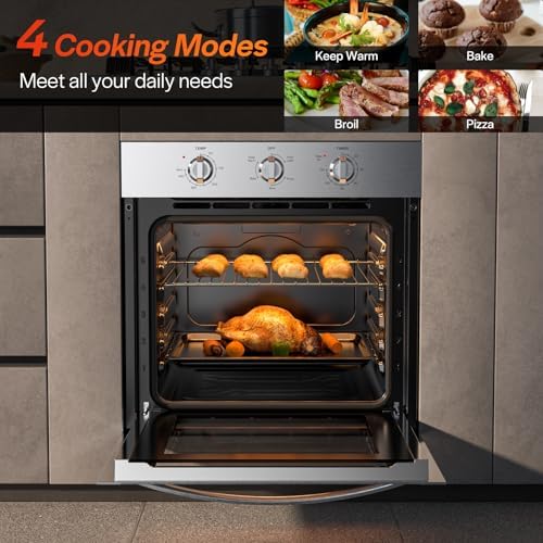 Empava Built-In Electric Single Wall Oven 24 inch, 2.5 Cu. ft. Capacity 4 Cooking Modes, Knob Control, 2950 Watts, Stainless Steel