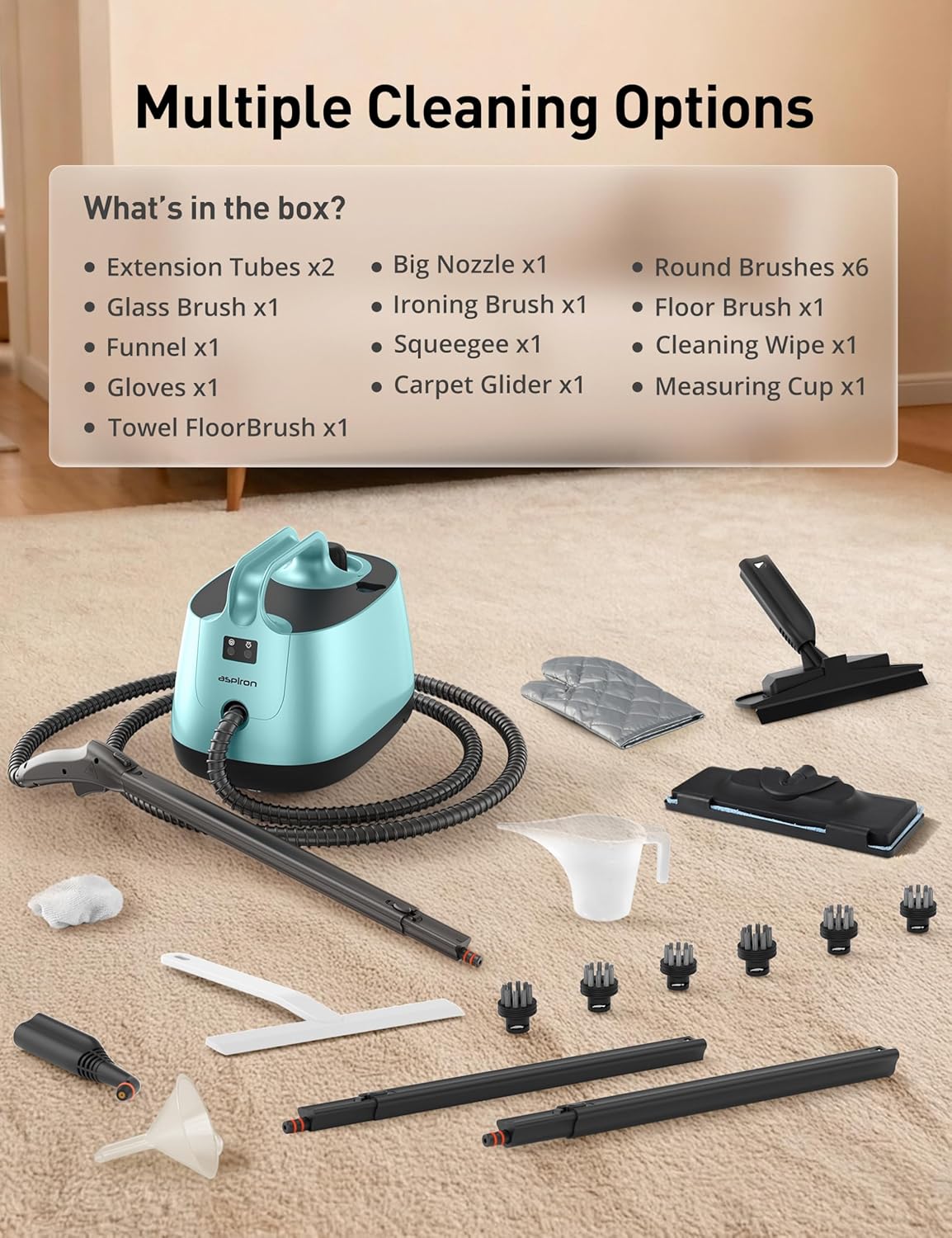 Steam Cleaner, 293°F 58 PSI Powerful Multipurpose Handheld Steam Mop for Home Use, 21 Attachments, 50Oz Capacity, Heavy Duty Steamer for Carpets, Floors, Cars, Tiles, Crack Cleaning, Turquoise