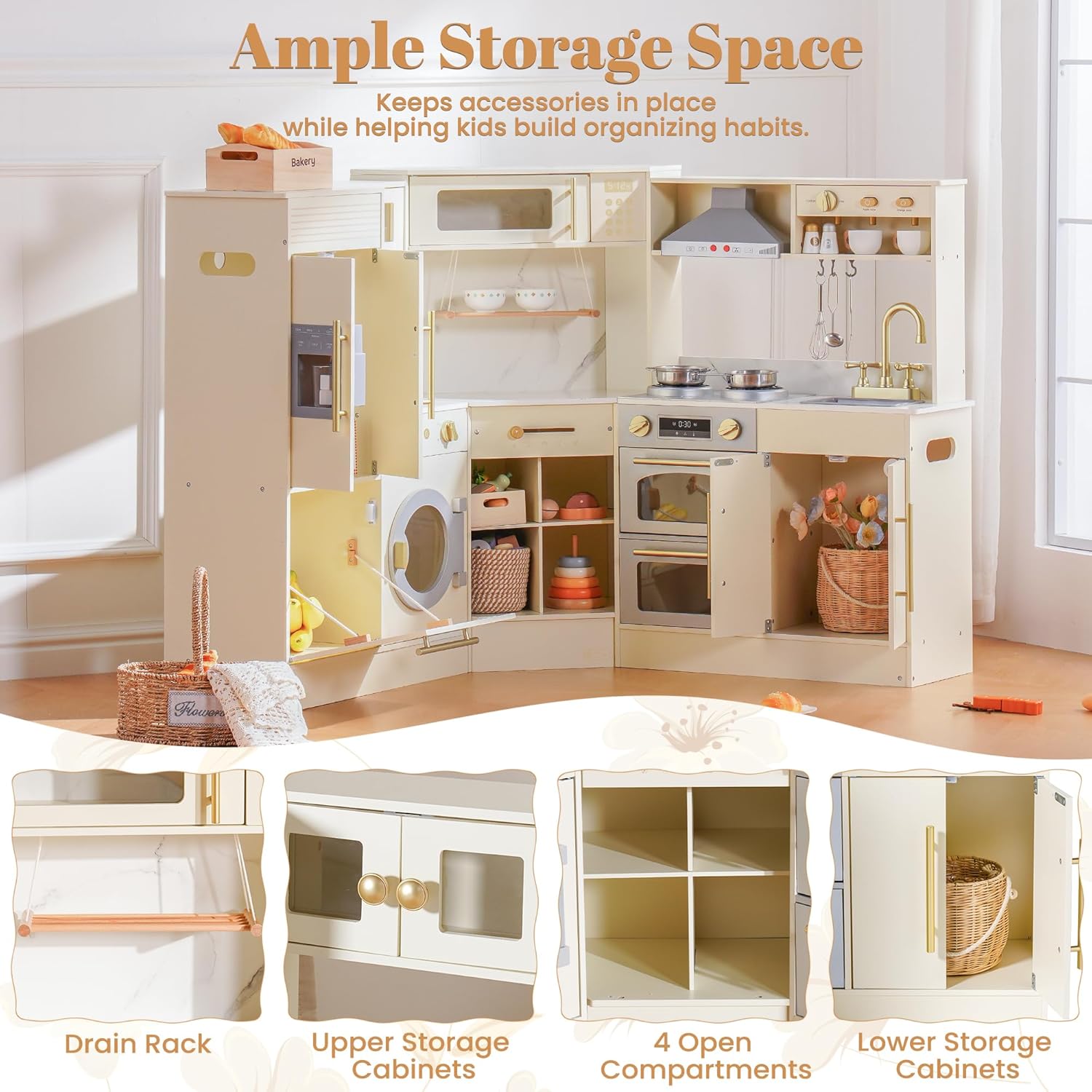 ROBOTIME Kids Kitchen Playset, Corner Wooden Play Kitchen with Fridge, Oven, Sink, Microwave & Washer, Realistic Lights & Sounds, Toddler Wooden Kitchen Toy Gift for Boys & Girls Ages 3+