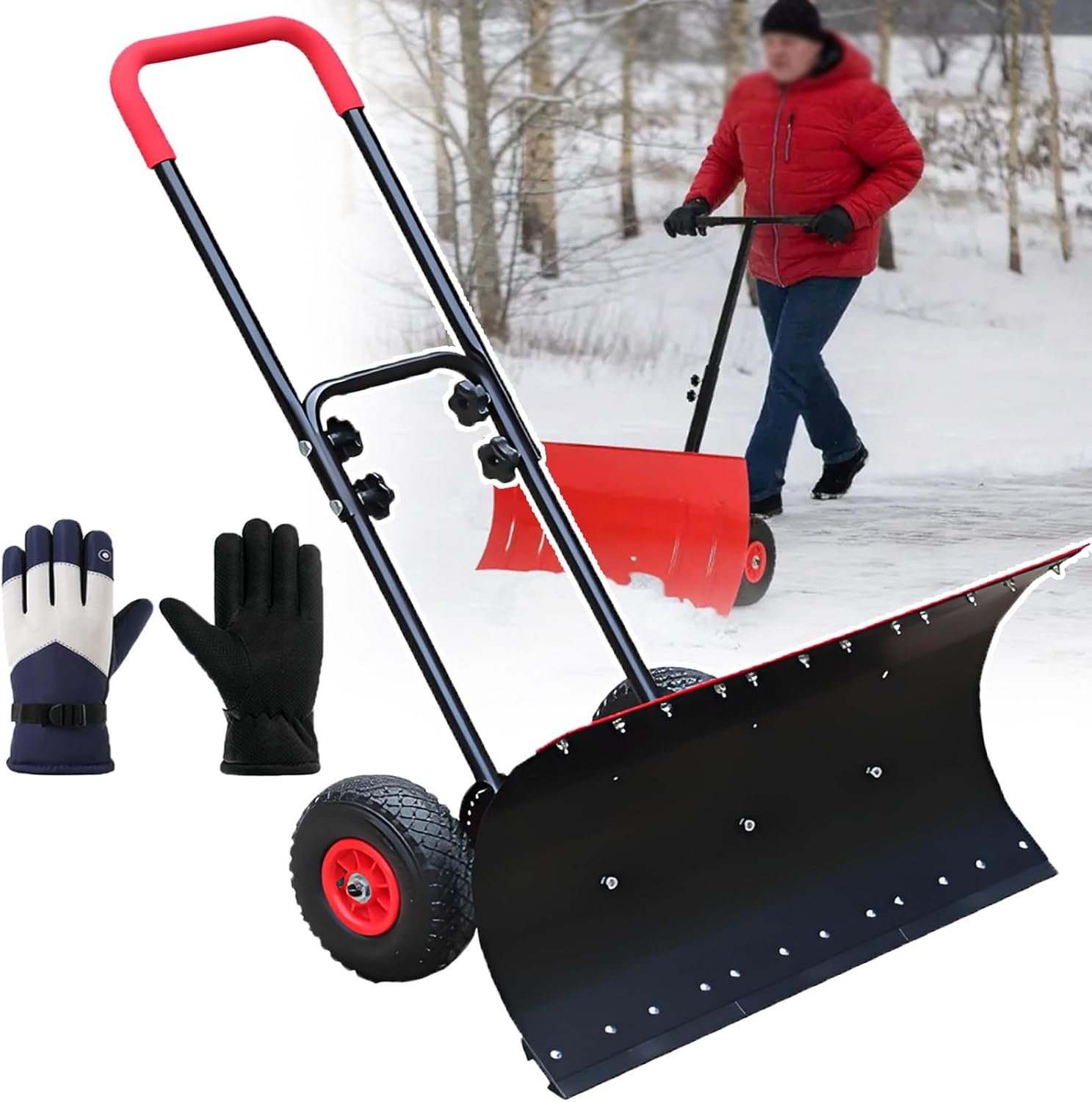 Pro Snow Shovel with Wheels - Hand Push Snow Pusher - Protable Snowplow, Width 42cm, Outdoor Snow Removal Tool for Snow, Ice, Sand, Grain and Coal, Saving Time and Effort