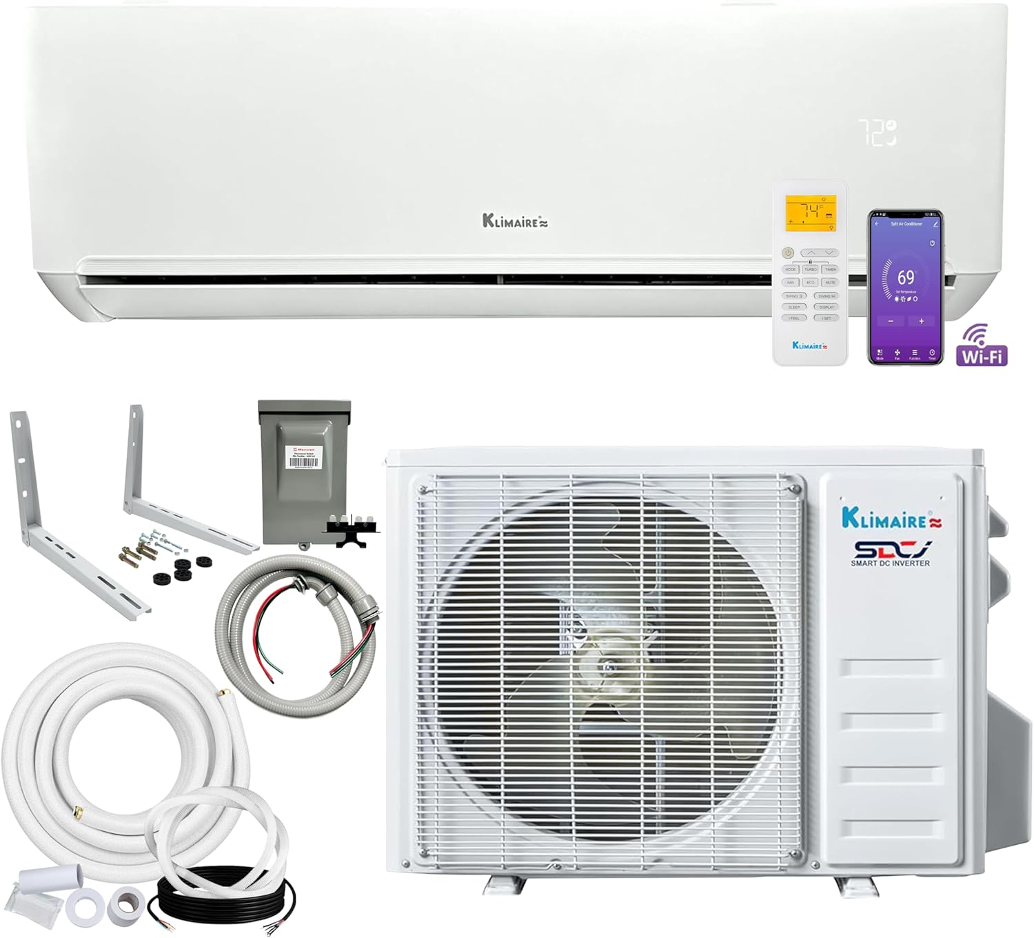 Klimaire 9,000 BTU 23 SEER2 Wall Mounted Ductless Mini Split Inverter A/C Heat Pump System w/ 16’ Installation Kit & Wall Mounting Bracket 115V