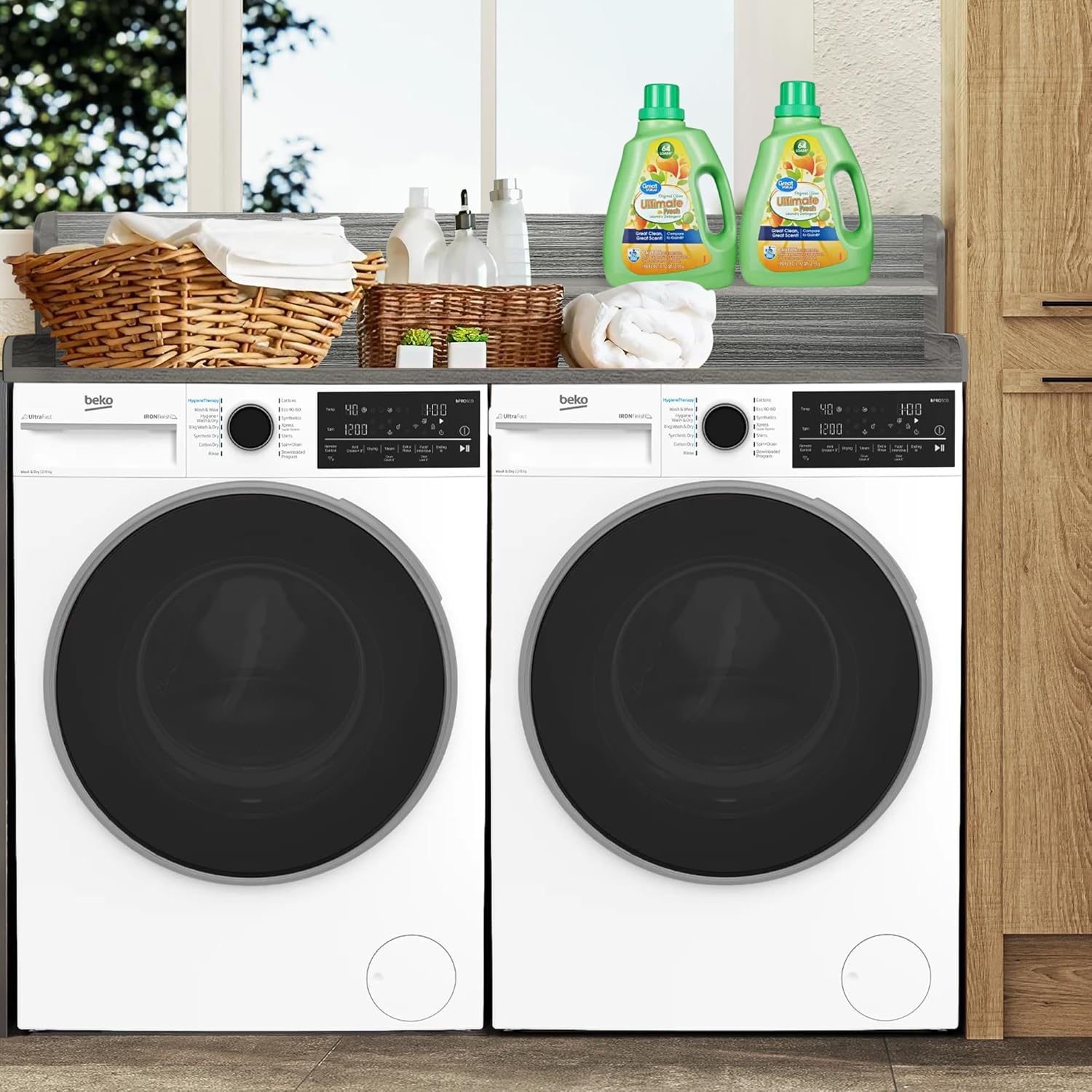 Royxen Laundry Countertop with 2-Tier Shelf Universal Fit, Washer and Dryer Countertop with Storage Space, Shelf Height 11.5 Inches, Solid Wood Core, Eucalyptus