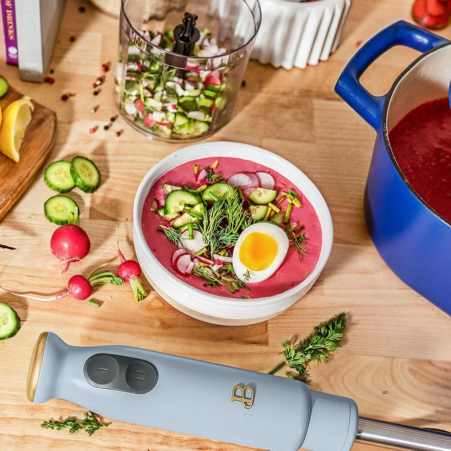 Beautiful 2-Speed Immersion Blender with Chopper & Measuring Cup, Stainless Steel Shaft, Quiet 250W Motor, Cornflower Blue Finish, Dishwasher Safe, Includes Whisk & 24 oz Beaker (Cornflower Blue)