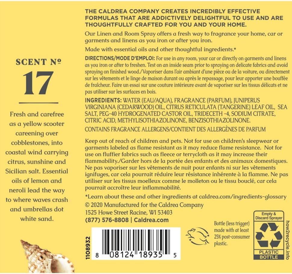 Caldrea Linen & Room Spray Air Freshener, Made with Essential Oils, Plant-Derived & Other Thoughtfully Chosen Ingredients Transparent, Sea Salt Neroli Scent, 16 Fl Oz
