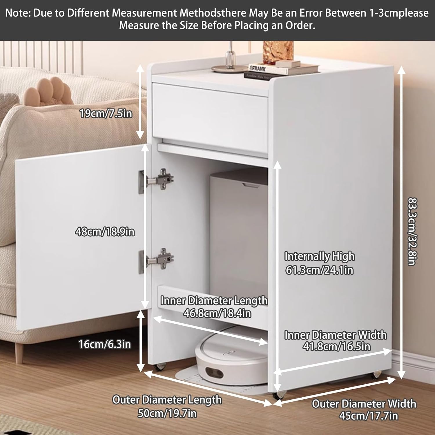 Mobile Robot Vacuum Storage Side Table Multi Tier End Hidden Cabinet with Wheels Robot Shelf Space Saving for Living Room Kitchen Over(Natural)