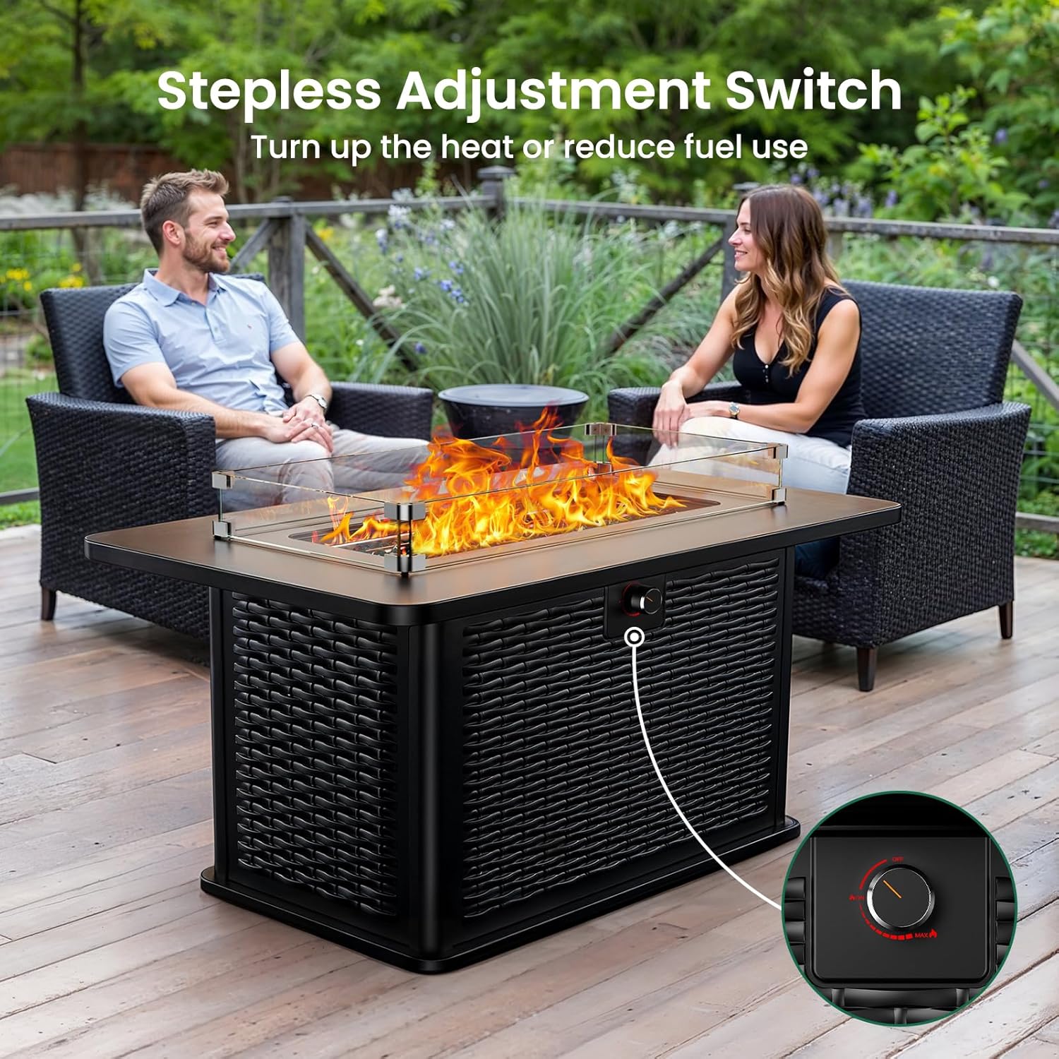 Ciays 43-Inch Rectangular Propane Fire Pit with 60,000 BTU Output, Fire Pit Table Premium Gas for Outside Patio with 304 Stainless Steel H-Burner, Glass Stones, and Wind Guard,Black