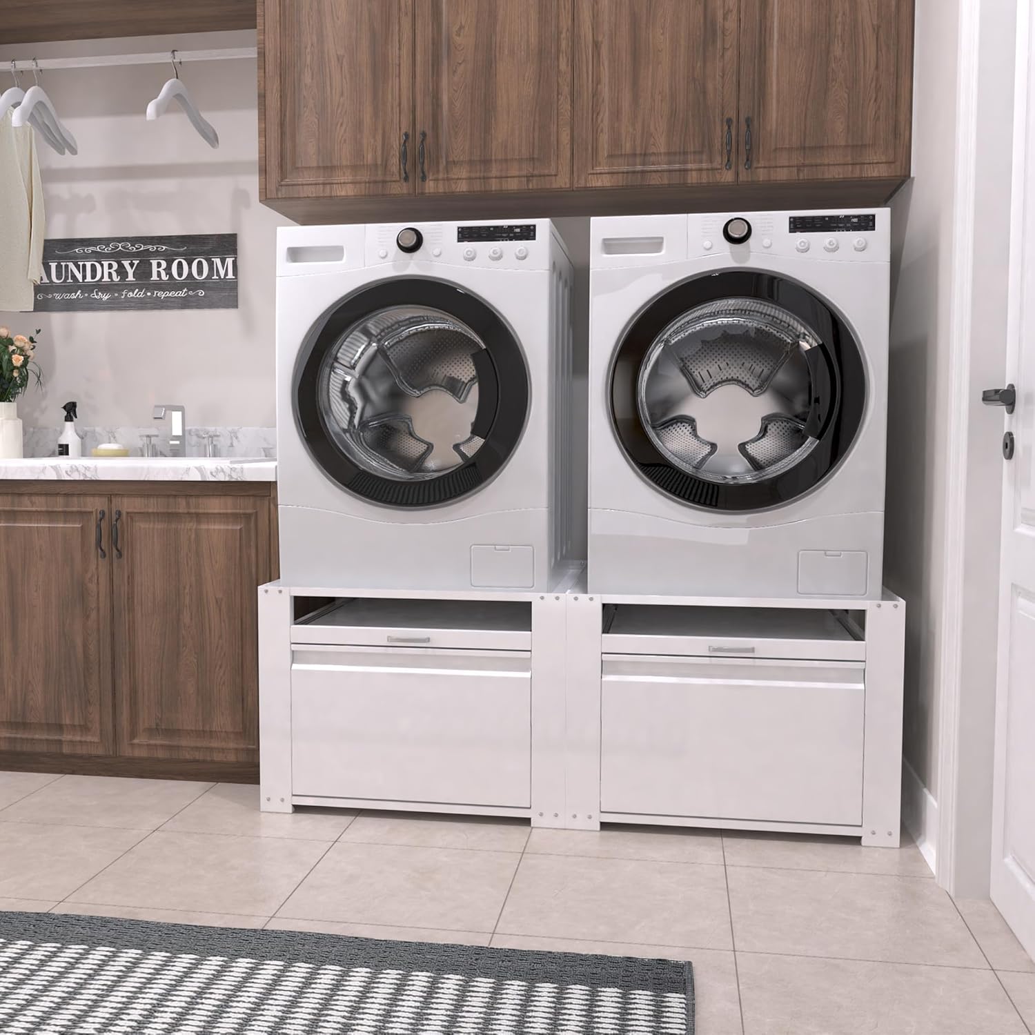 Washer and Dryer Pedestals, Laundry Pedestal Universal Fit Washing Machine Stand with Drawer Storage and Lundry Basket Shelf, 800LBS Capacity,White