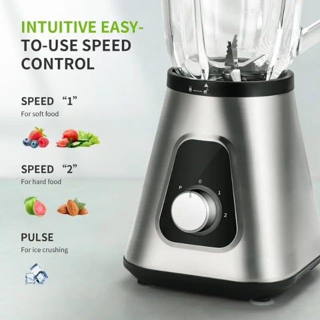 Professional Countertop Blender with Glass Jar, 2 Interchangeable Blades, Variable Speed Control, Silver