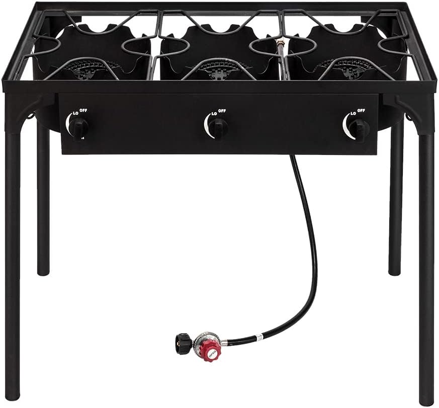 OZOKOP 225,000 BTU High-Pressure Three Burner Camp Stove | Cast Iron Portable Propane Burner with 0-20 PSI Adjustable Regulator | CSA Certified for Camping, Tailgating, Home Brewing & Outdoor Cooking