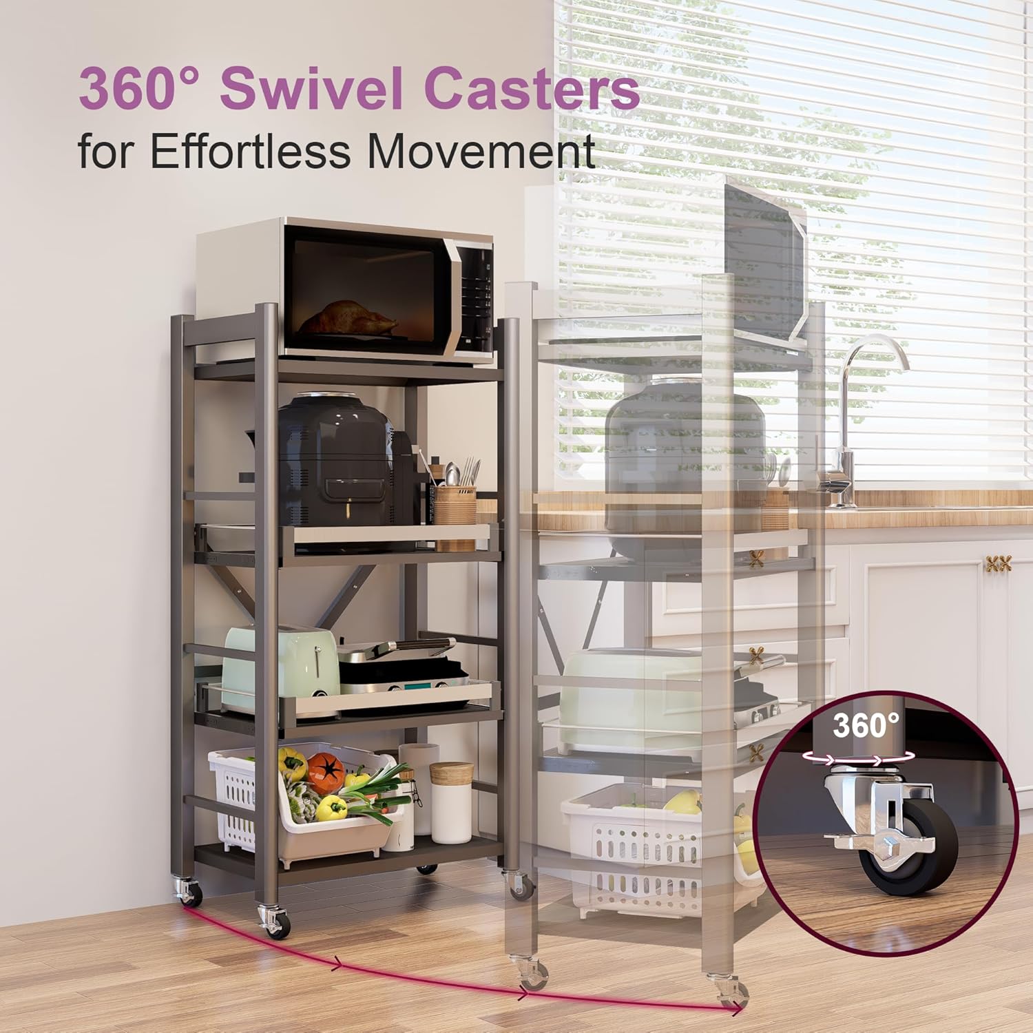 4-Tier Pull Out Kitchen Baker's Rack with Wheels, Heavy Duty Metal Microwave Stand with Storage, Adjustable Ktichen Shelves Freestanding, Rolling Utility Storage Cart (23.6''W x 49.2''H)