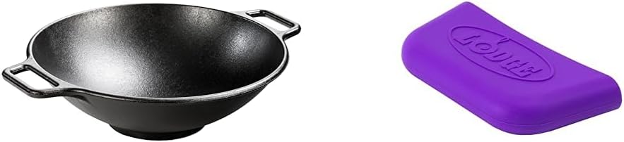 Lodge BOLD 14 Inch Seasoned Cast Iron Wok 2 BOLD Silicone Assist Handle Holders - Vivid Purple