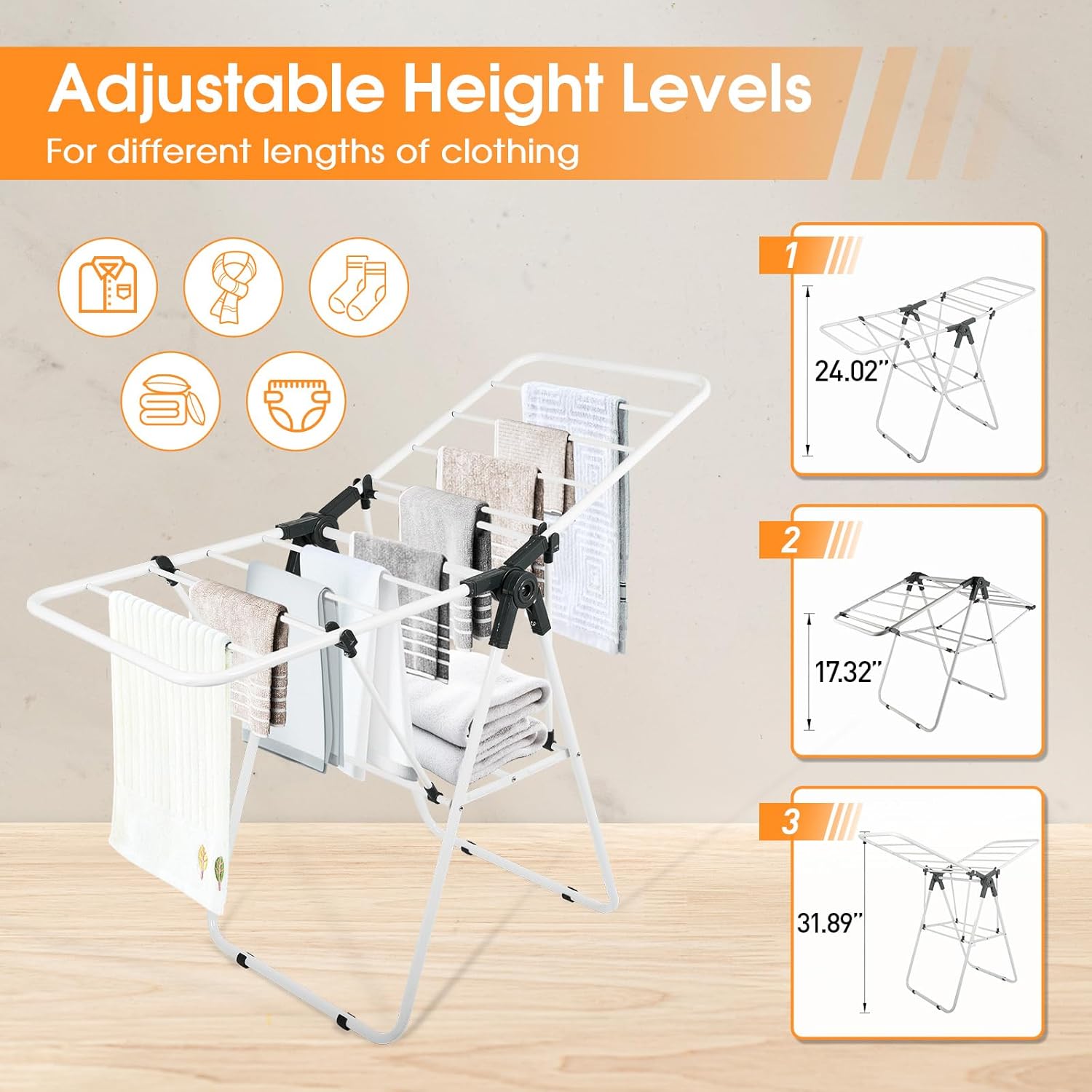Clothes Drying Rack, Metal Foldable Laundry Drying Rack, with Adjustable Height Levels Wings, Space Saving, Indoor Outdoor Use, White Free-Standing Airer