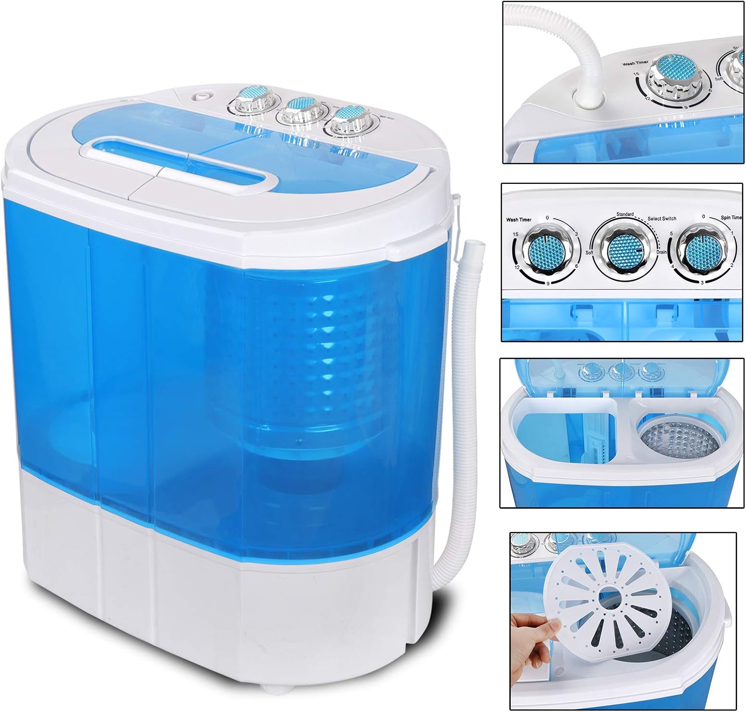 Portable Washing Machine, 9.9lbs Mini Compact Twin Tub Washer Drum Washing Machine Laundry Washer w/Spin Cycle Basket and Drain Hose