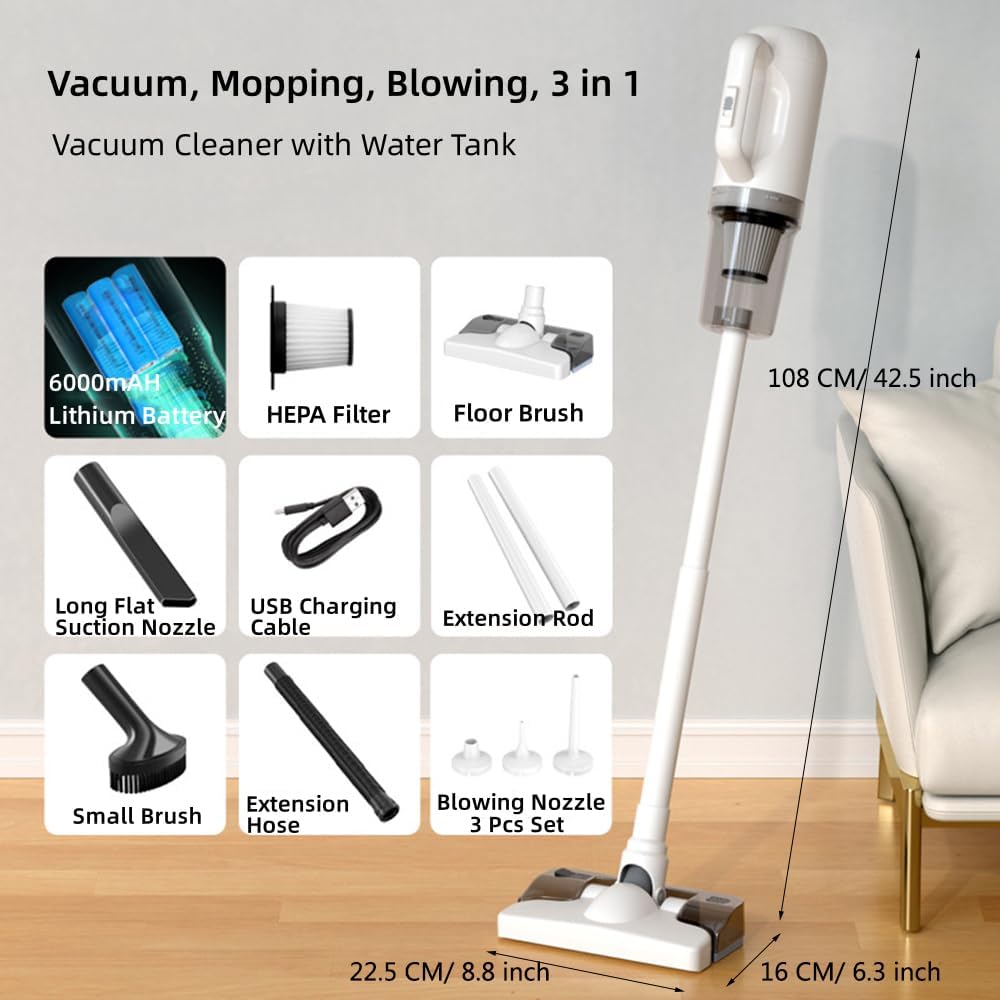 Cordless Stick Vacuum Cleaner and Mop Combo, Vacuum Blower and Mop 3 in 1, 12000pa Suction Stick Vacuum Cleaner Rechargeable Upright Vacuum with Water Tank for Home Hard Floor Pet Hairs