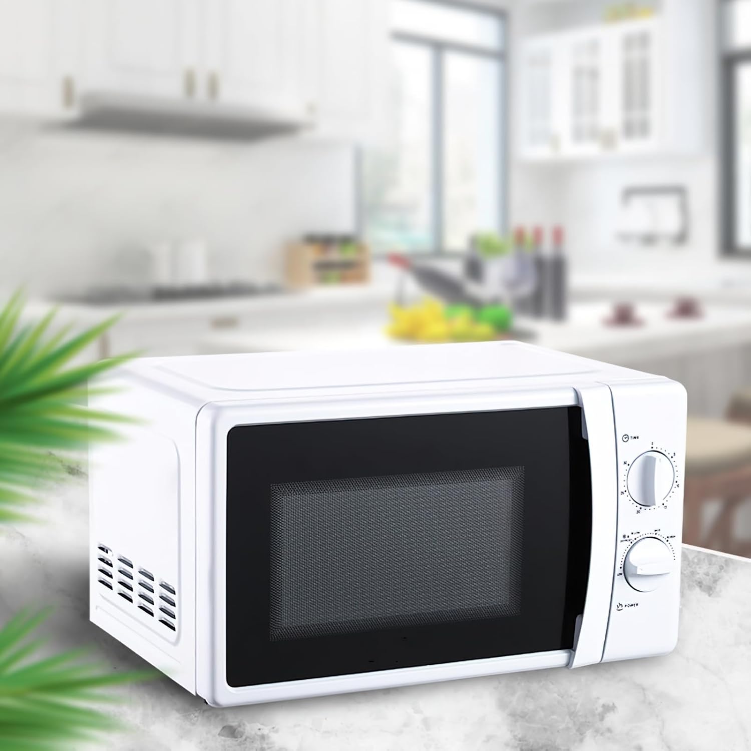 Compact Mechanical Microwave Oven, 25L Capacity, White Countertop Kitchen Appliance with Manual Timer and Temperature Controls