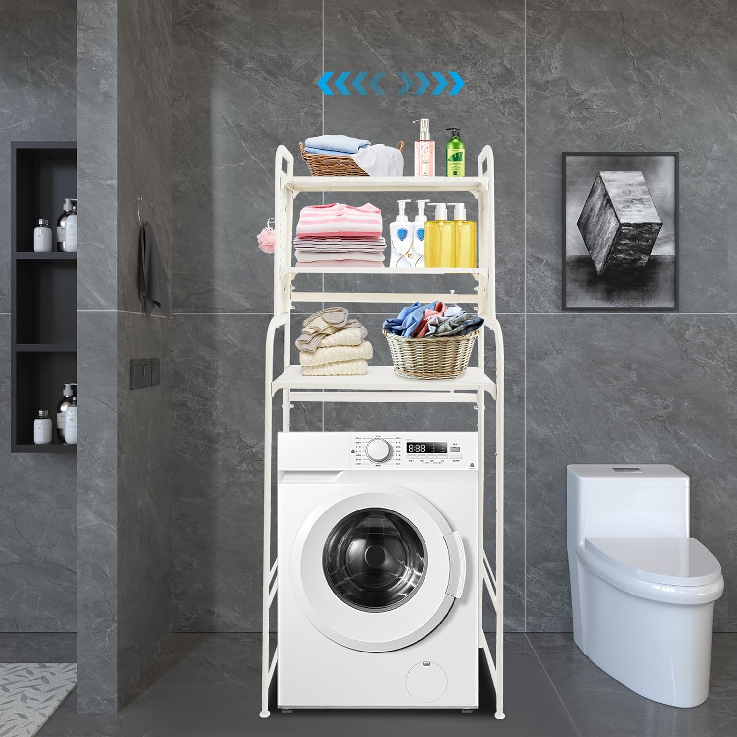 3 Tier Over The Washer and Dryer Storage Shelf, Height Adjustable Heavy Duty Laundry Room Organizer, Bathroom Storage Rack with Hook & Hanging Rod, Space Saving Standing Shelf (White)